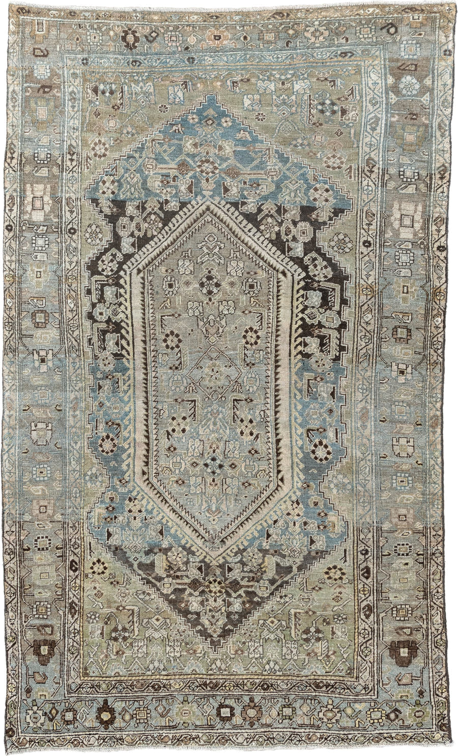 4' x 6' one-of-a-kind handmade antique Bidjar rug. Color palette: taupe, sky blue, ivory, charcoal, beige, brown, gray