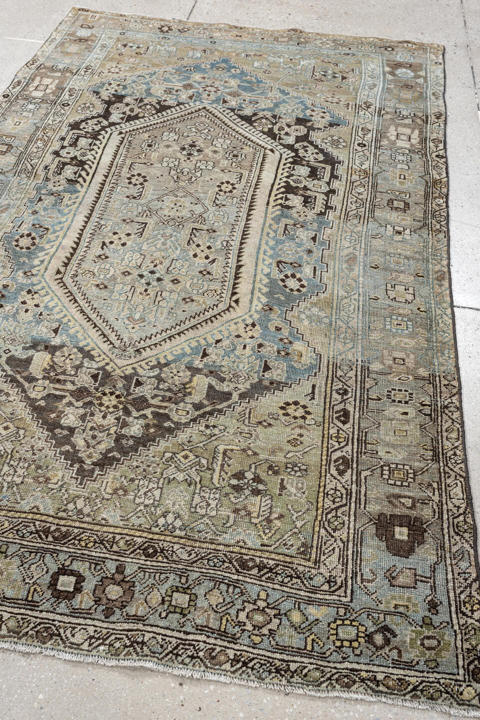 4' x 6' one-of-a-kind handmade antique Bidjar rug. Color palette: taupe, sky blue, ivory, charcoal, beige, brown, gray