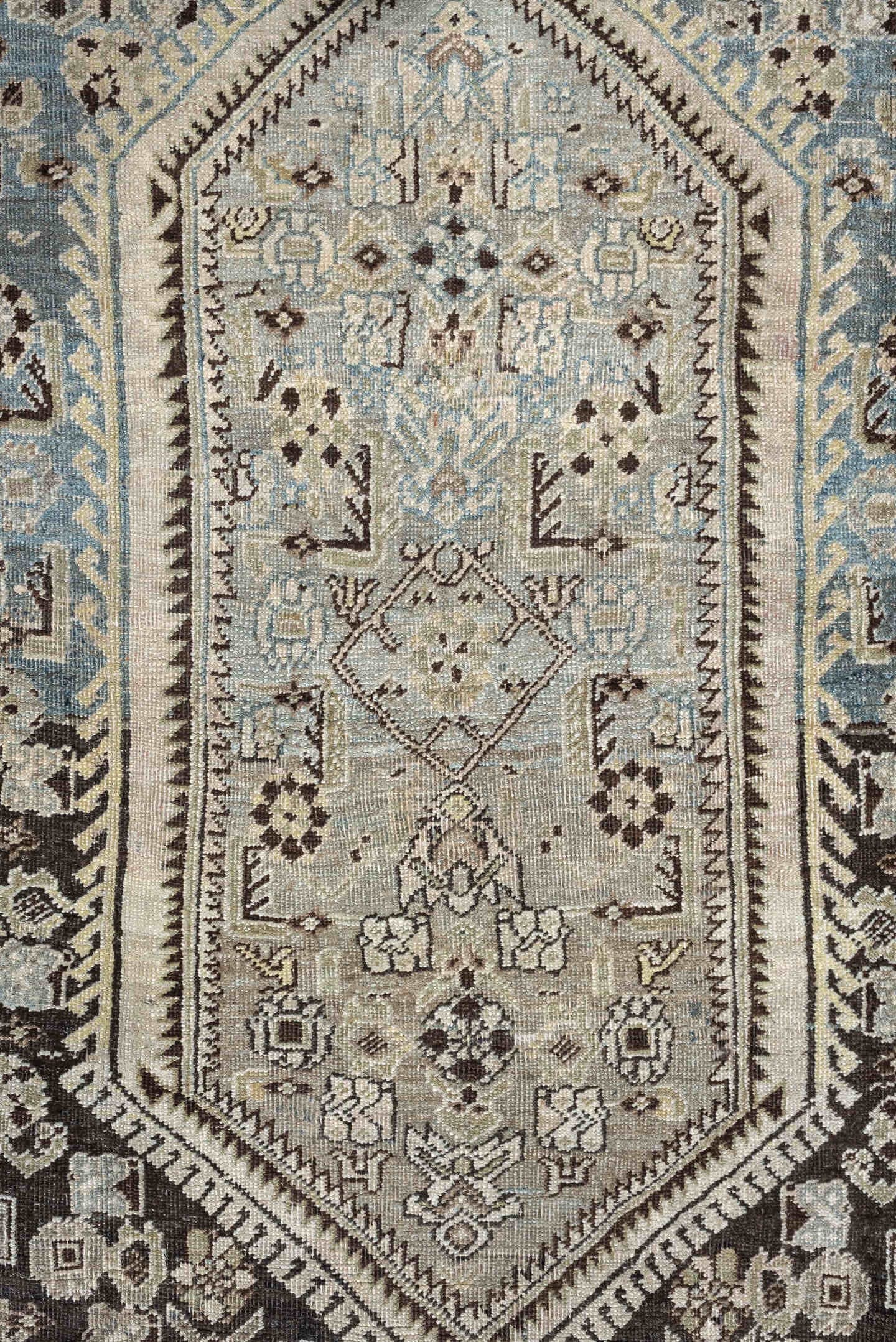 4' x 6' one-of-a-kind handmade antique Bidjar rug. Color palette: taupe, sky blue, ivory, charcoal, beige, brown, gray