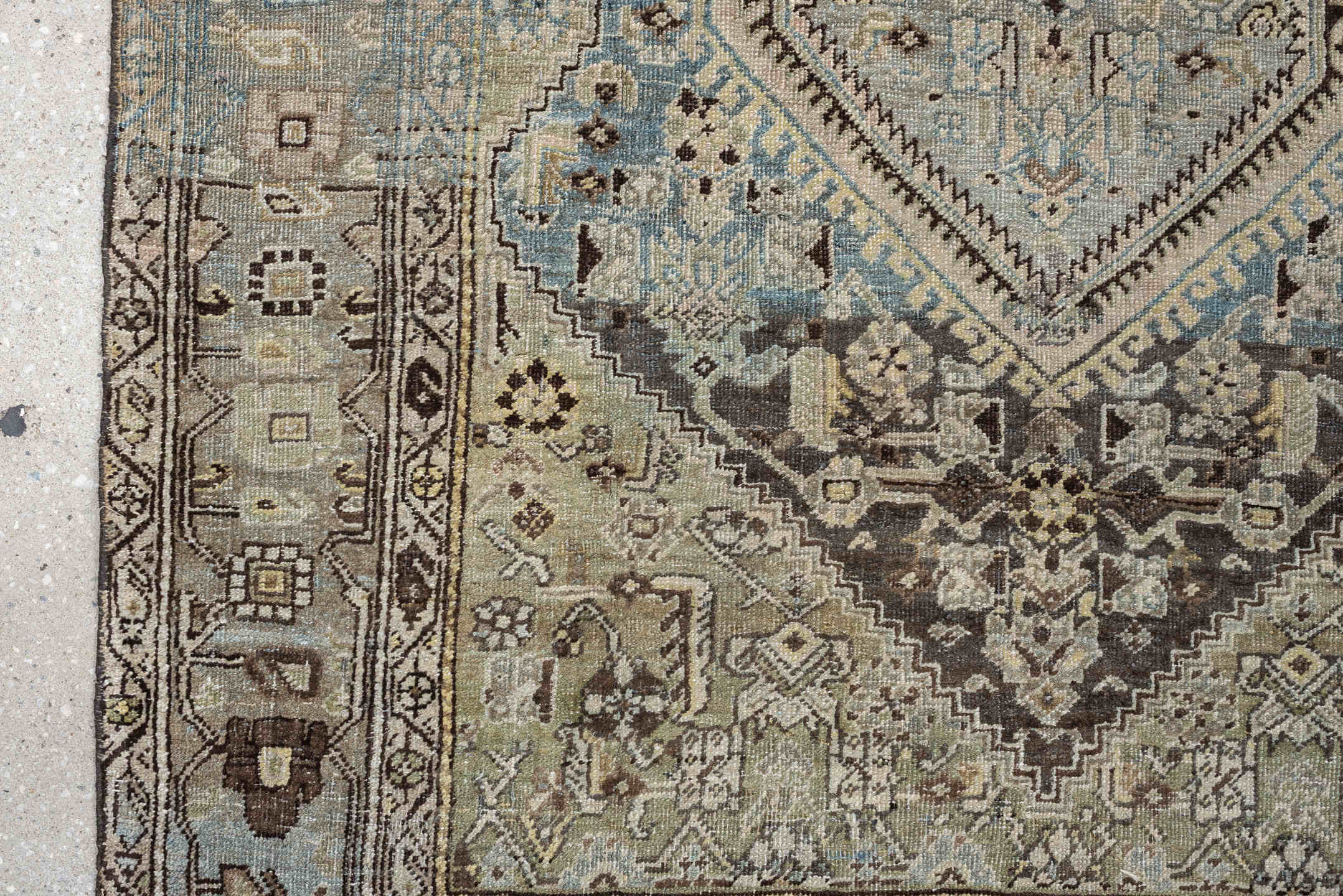 4' x 6' one-of-a-kind handmade antique Bidjar rug. Color palette: taupe, sky blue, ivory, charcoal, beige, brown, gray