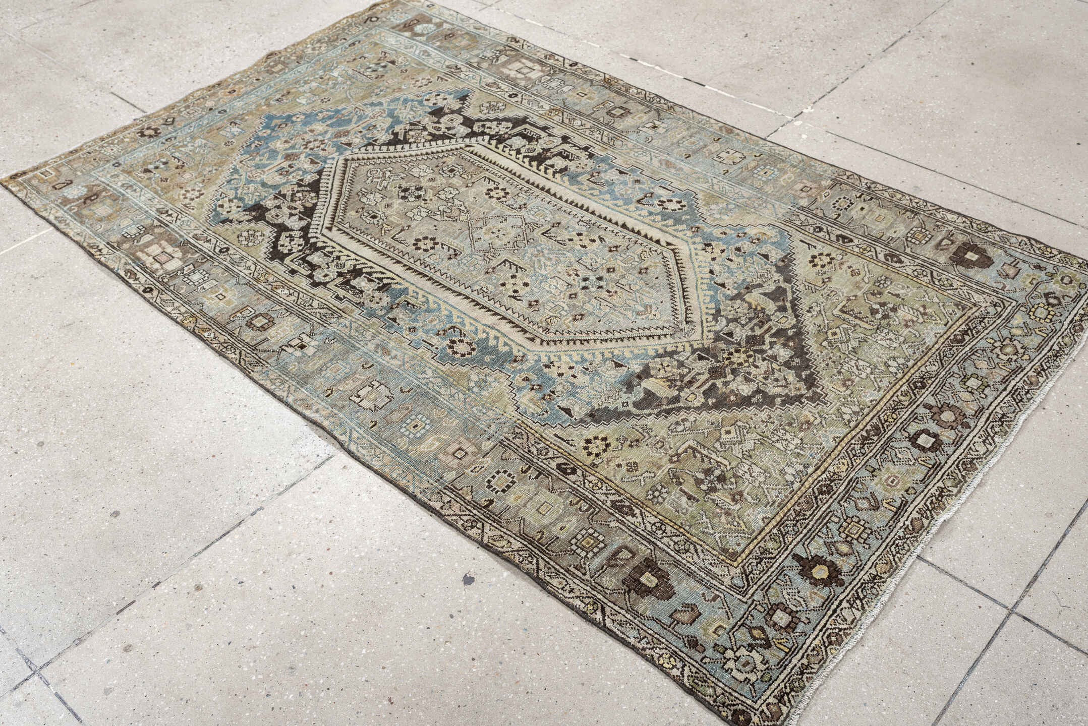 4' x 6' one-of-a-kind handmade antique Bidjar rug. Color palette: taupe, sky blue, ivory, charcoal, beige, brown, gray