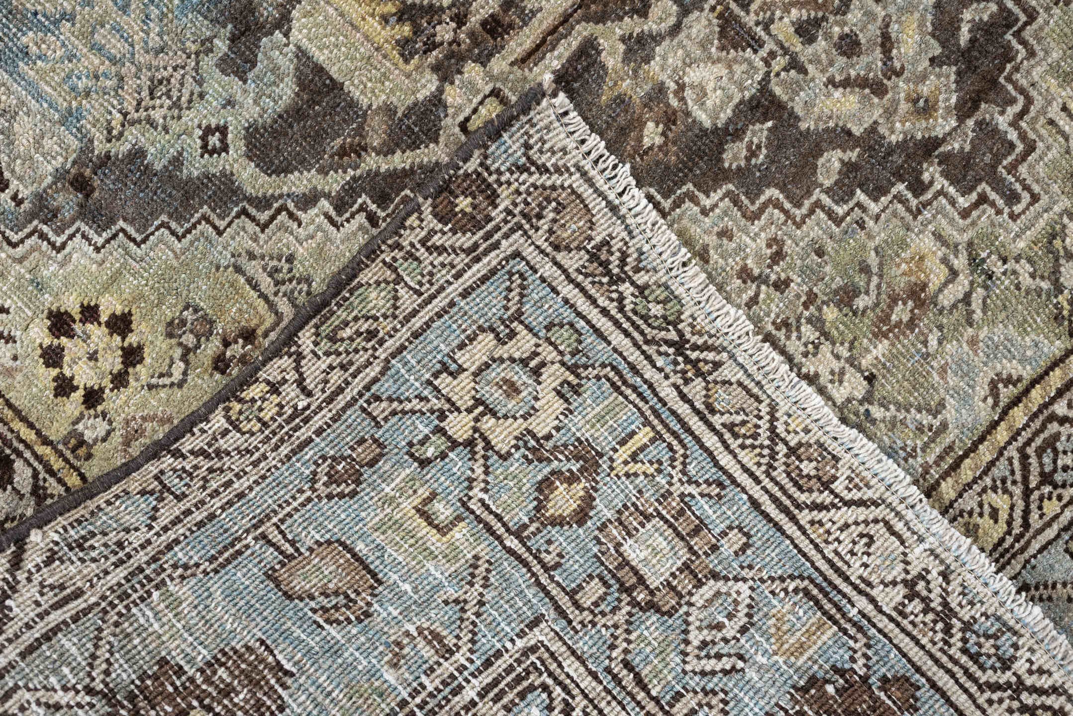 4' x 6' one-of-a-kind handmade antique Bidjar rug. Color palette: taupe, sky blue, ivory, charcoal, beige, brown, gray