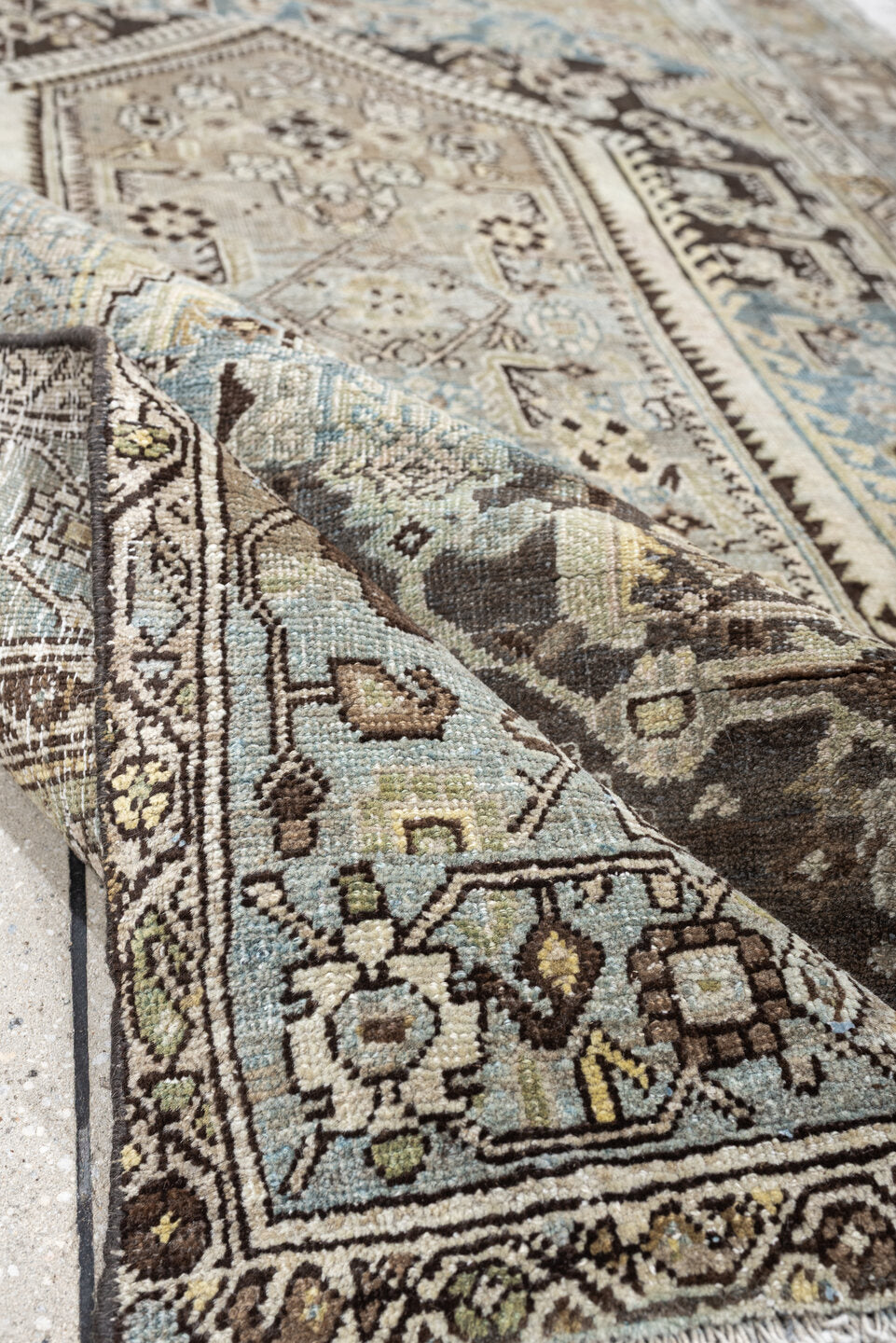 4' x 6' one-of-a-kind handmade antique Bidjar rug. Color palette: taupe, sky blue, ivory, charcoal, beige, brown, gray