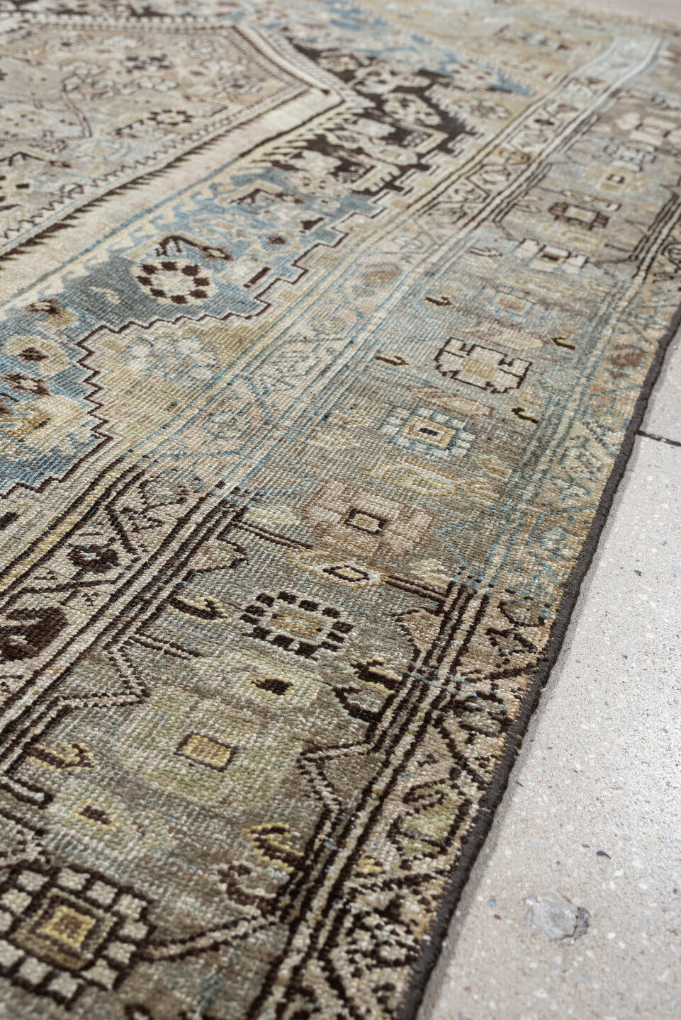 4' x 6' one-of-a-kind handmade antique Bidjar rug. Color palette: taupe, sky blue, ivory, charcoal, beige, brown, gray