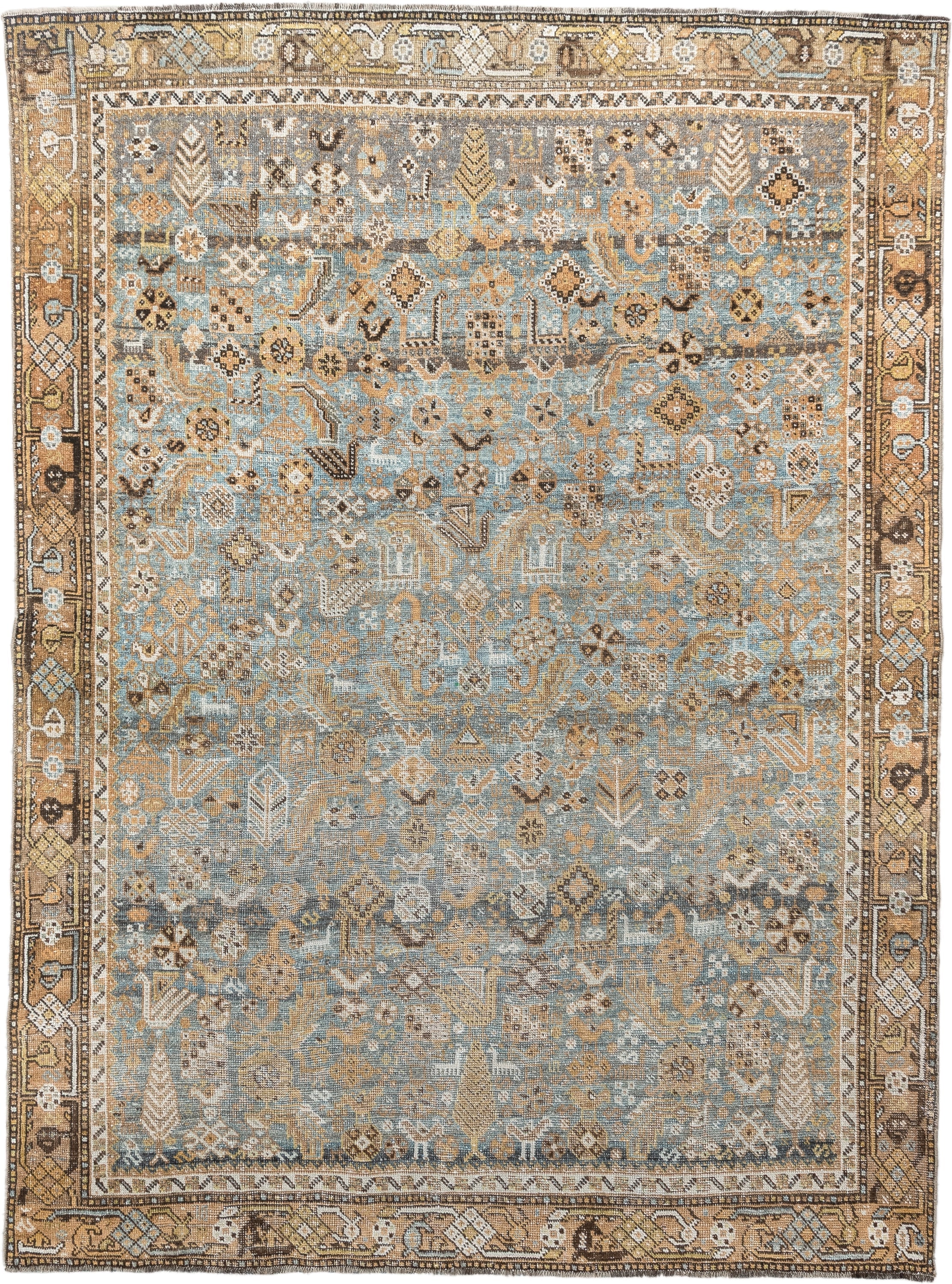 4' x 6' one-of-a-kind handmade antique Shiraz rug. Color palette: sky blue, camel, ivory, taupe, brown, slate, gold