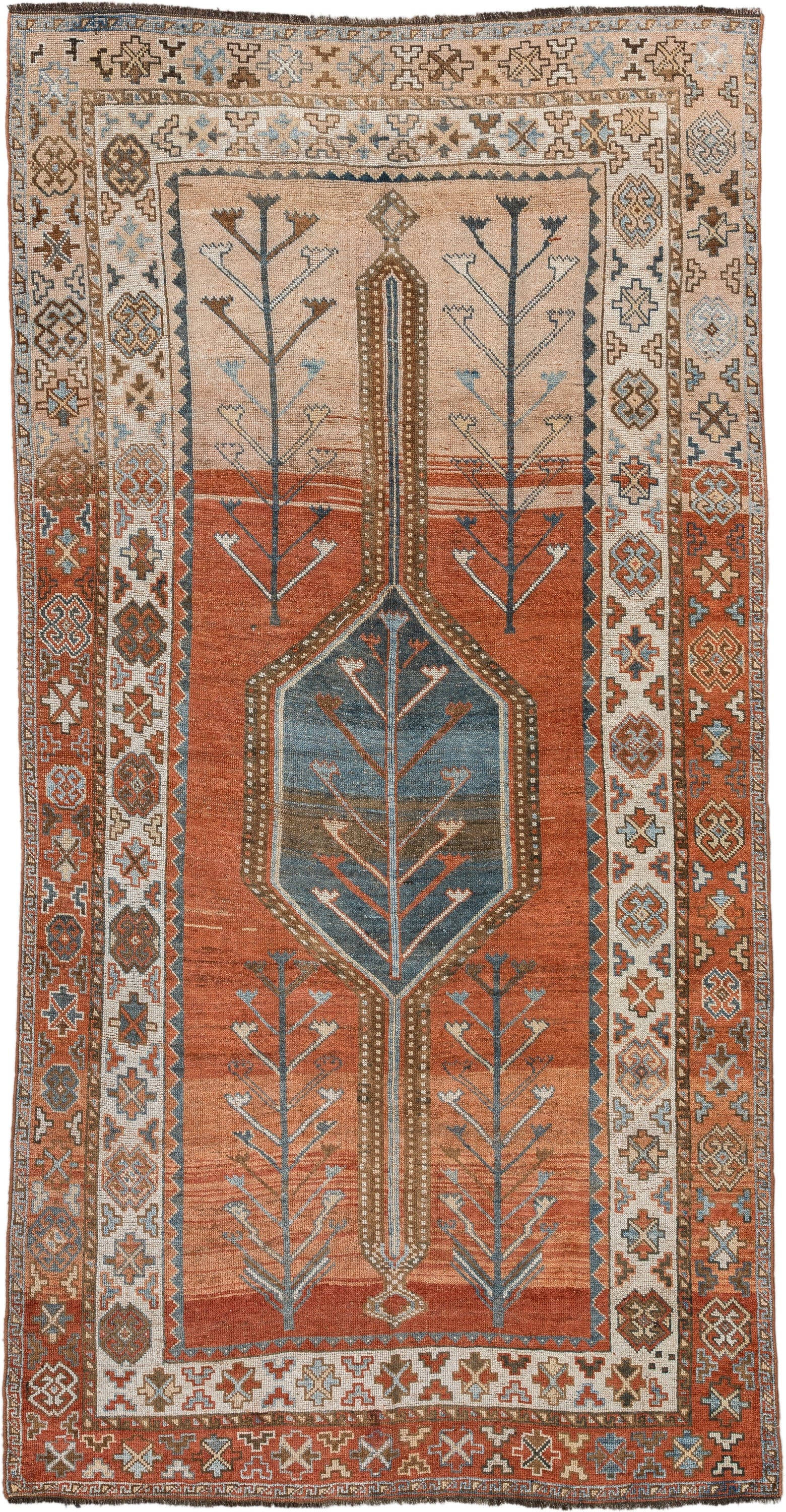 5' x 9' one-of-a-kind handmade antique Kurd medium size rug. Color palette: terra cotta, ivory, sky blue, brown, slate, rust