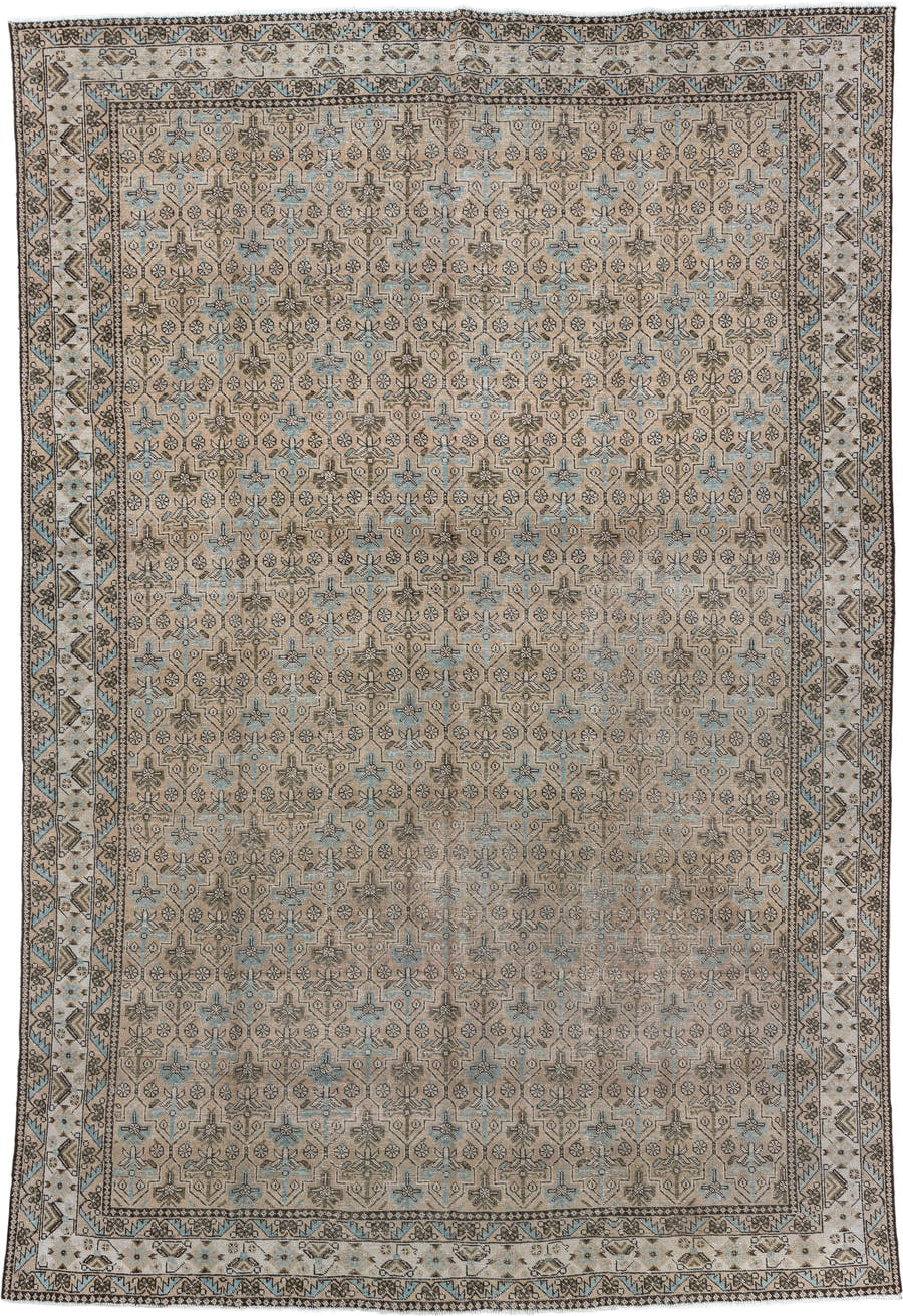 8' x 11' one-of-a-kind handmade antique Afshar large size rug. Color palette: ivory, taupe, charcoal, pale blue, beige