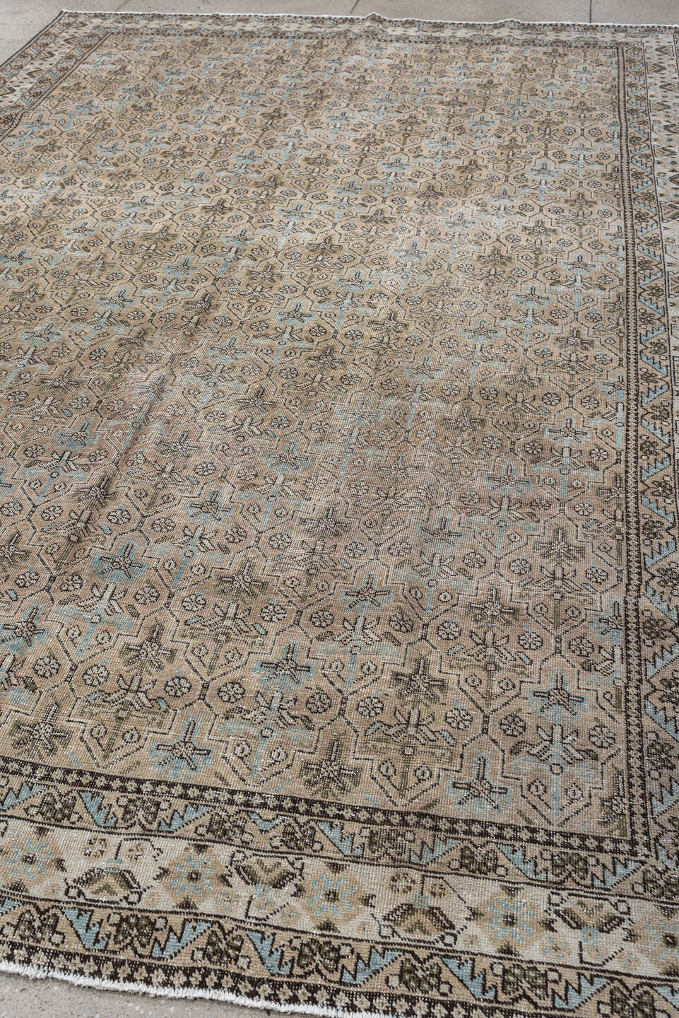 8' x 11' one-of-a-kind handmade antique Afshar large size rug. Color palette: ivory, taupe, charcoal, pale blue, beige