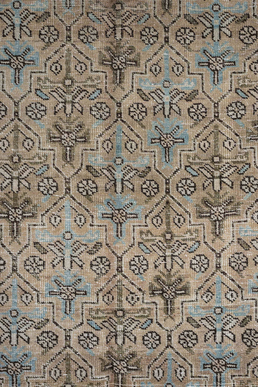 8' x 11' one-of-a-kind handmade antique Afshar large size rug. Color palette: ivory, taupe, charcoal, pale blue, beige