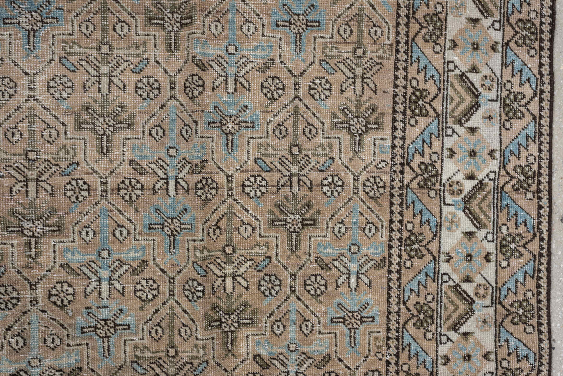 8' x 11' one-of-a-kind handmade antique Afshar large size rug. Color palette: ivory, taupe, charcoal, pale blue, beige