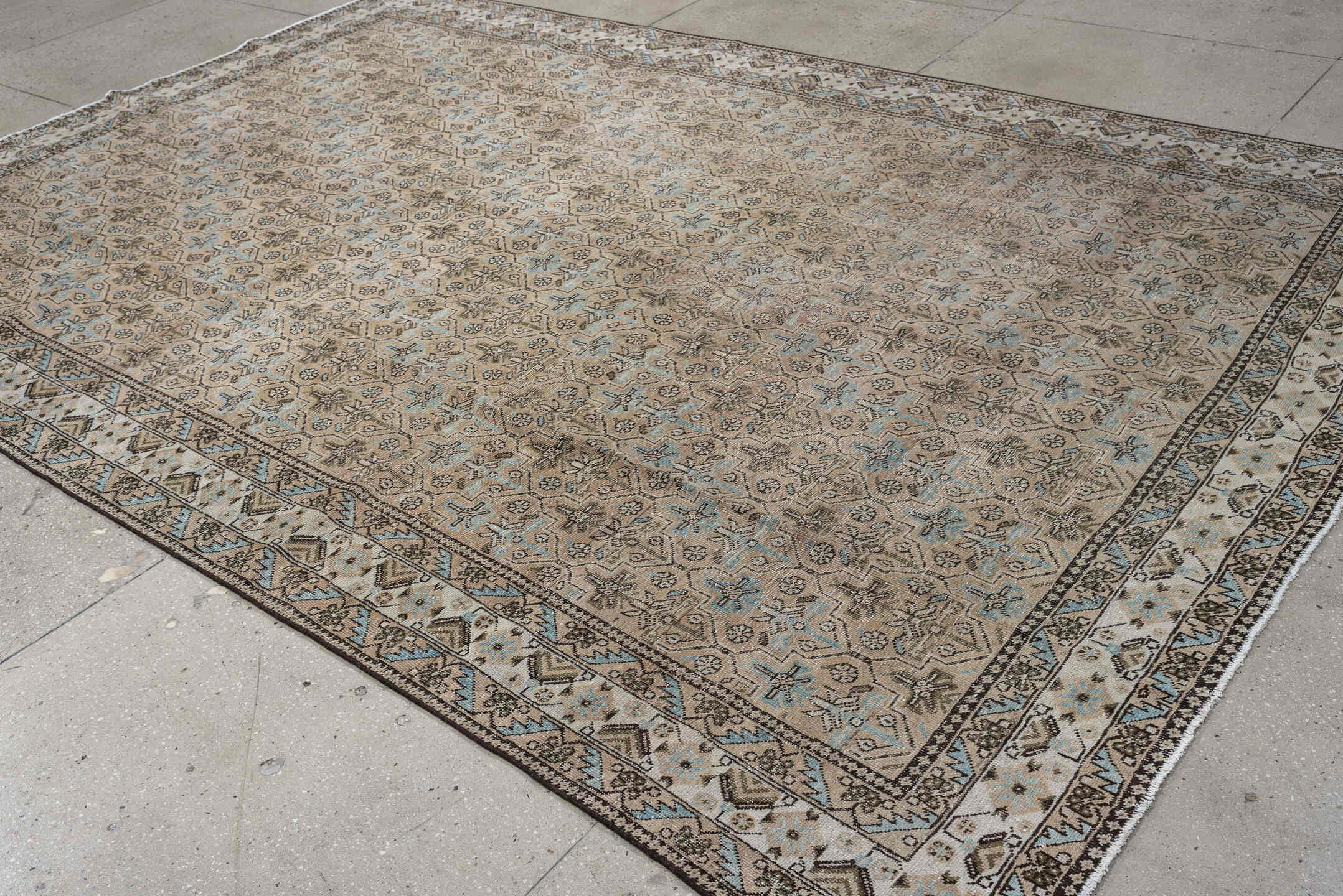 8' x 11' one-of-a-kind handmade antique Afshar large size rug. Color palette: ivory, taupe, charcoal, pale blue, beige