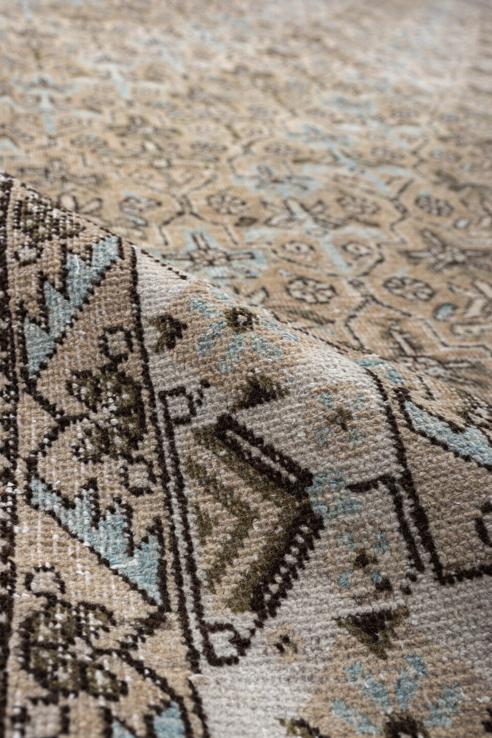 8' x 11' one-of-a-kind handmade antique Afshar large size rug. Color palette: ivory, taupe, charcoal, pale blue, beige