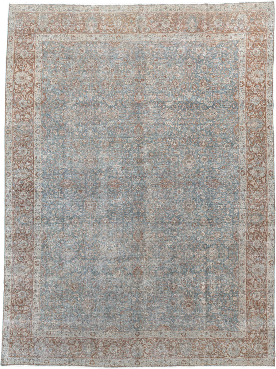 9' x 12' one-of-a-kind handmade antique Tabriz large size rug. Color palette: pale blue, ivory, rust, beige, taupe