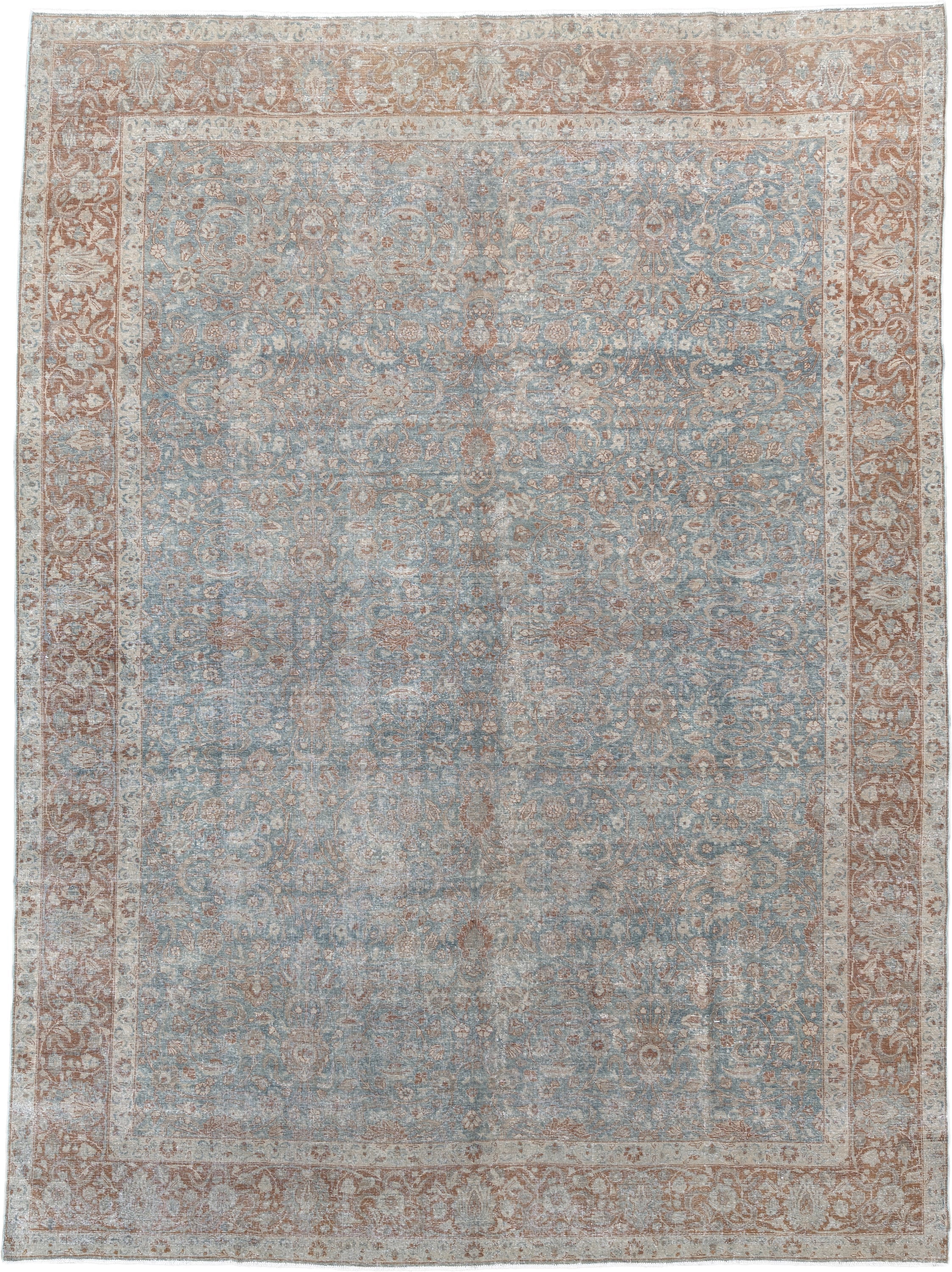 9' x 12' one-of-a-kind handmade antique Tabriz large size rug. Color palette: pale blue, ivory, rust, beige, taupe