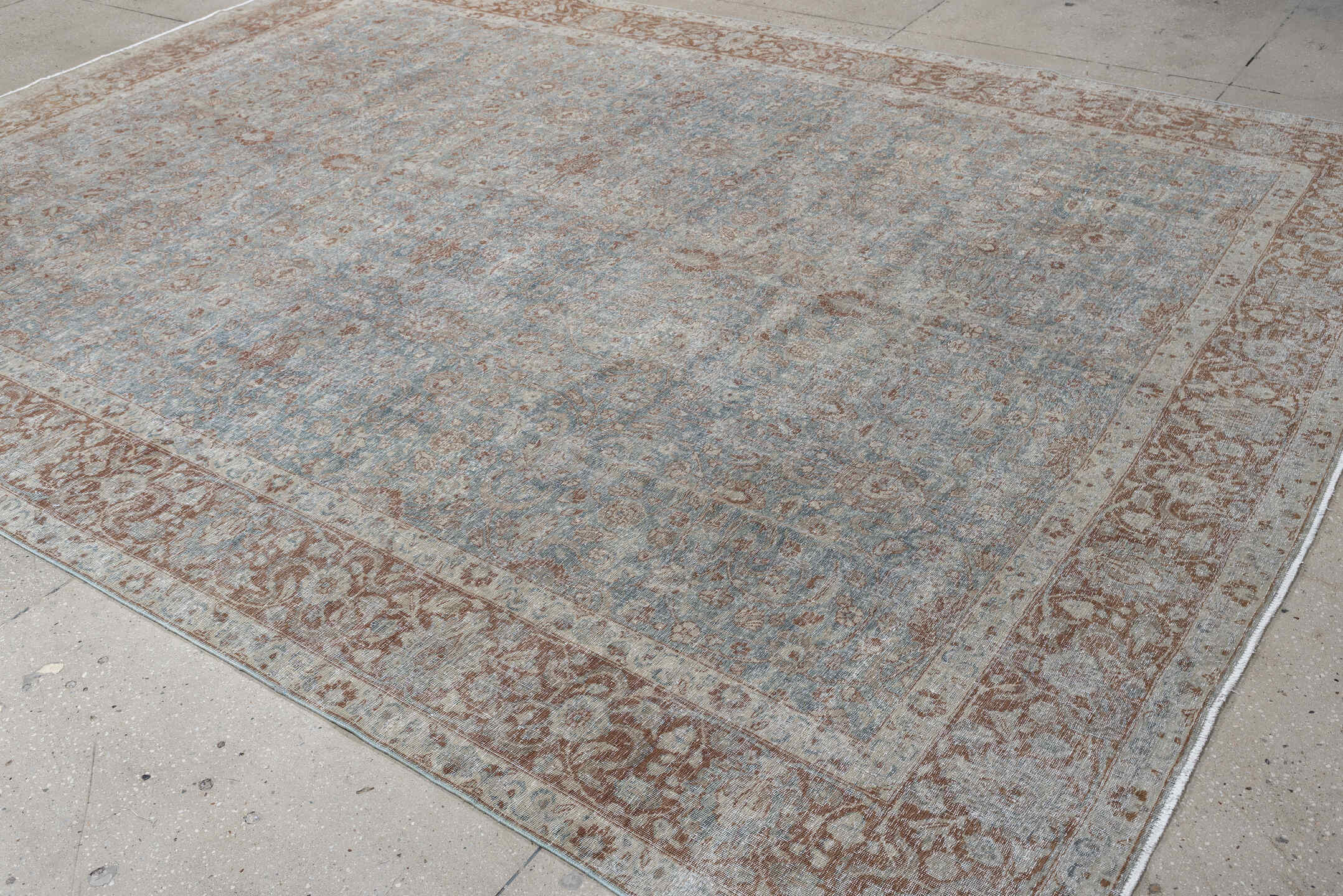 9' x 12' one-of-a-kind handmade antique Tabriz large size rug. Color palette: pale blue, ivory, rust, beige, taupe
