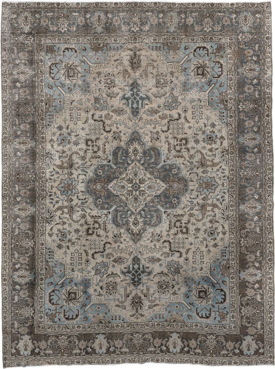 9' x 12' one-of-a-kind handmade antique Tabriz large size rug. Color palette: ivory, charcoal, sky blue, taupe, slate, brown