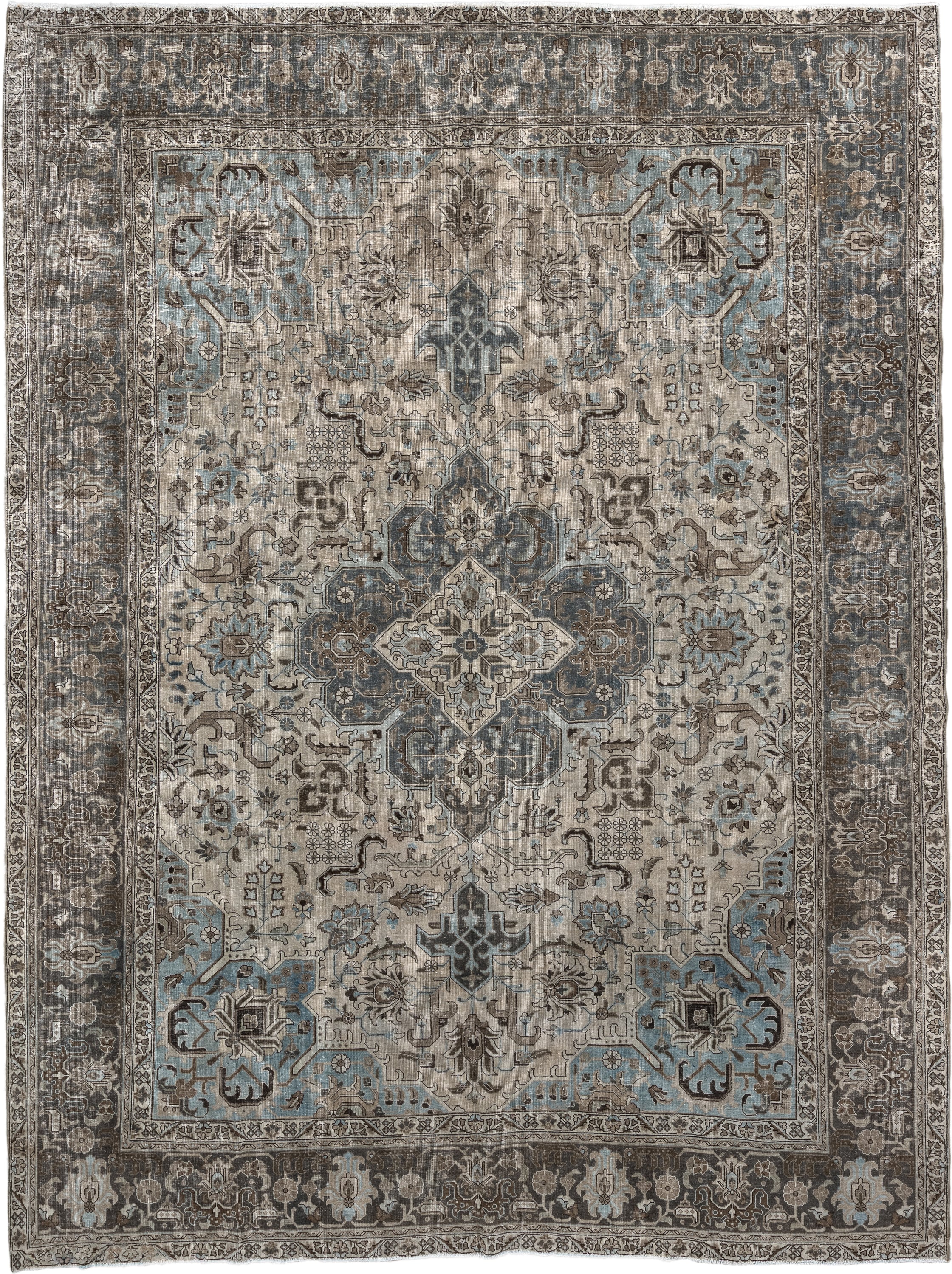 9' x 12' one-of-a-kind handmade antique Tabriz large size rug. Color palette: ivory, charcoal, sky blue, taupe, slate, brown