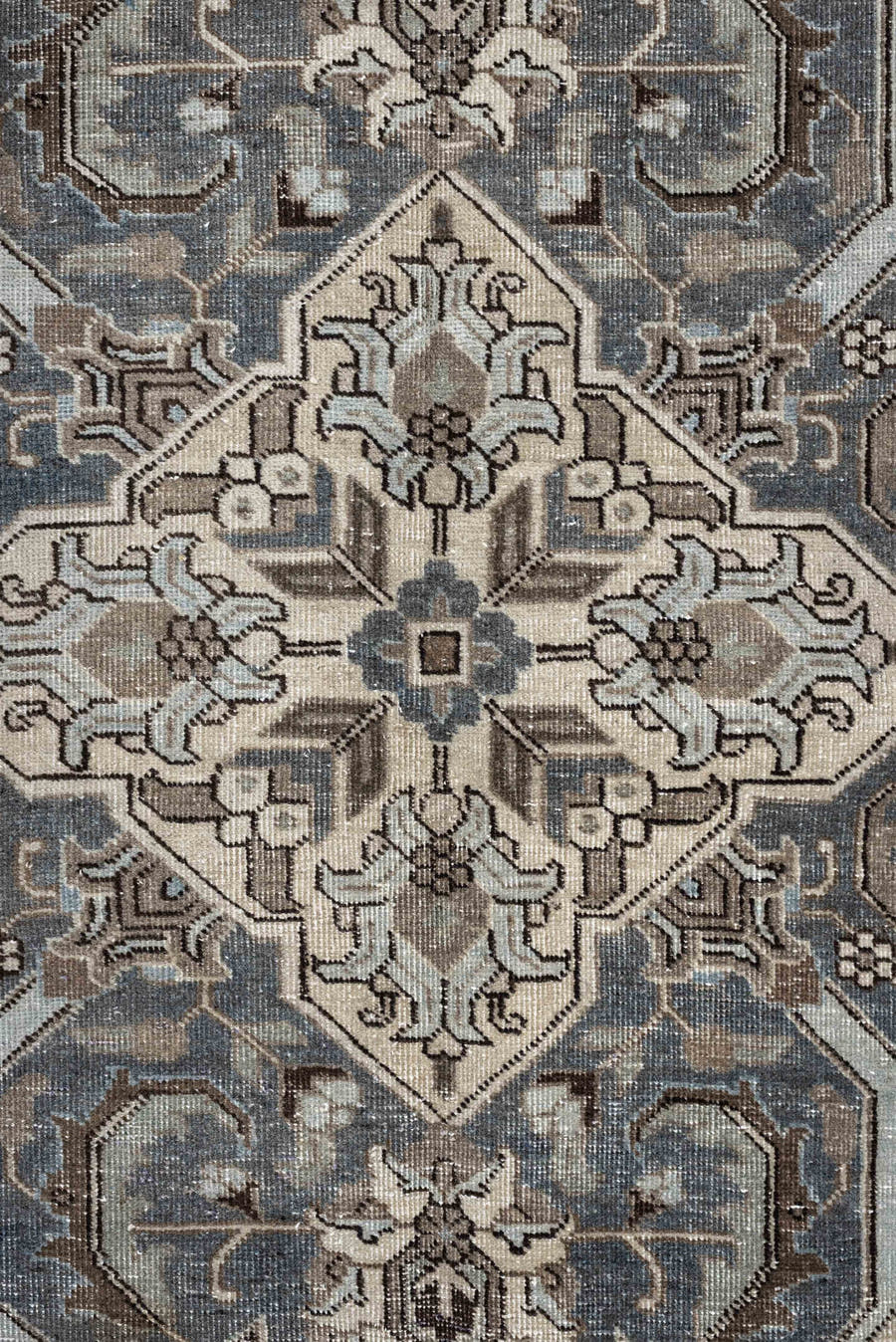 9' x 12' one-of-a-kind handmade antique Tabriz large size rug. Color palette: ivory, charcoal, sky blue, taupe, slate, brown