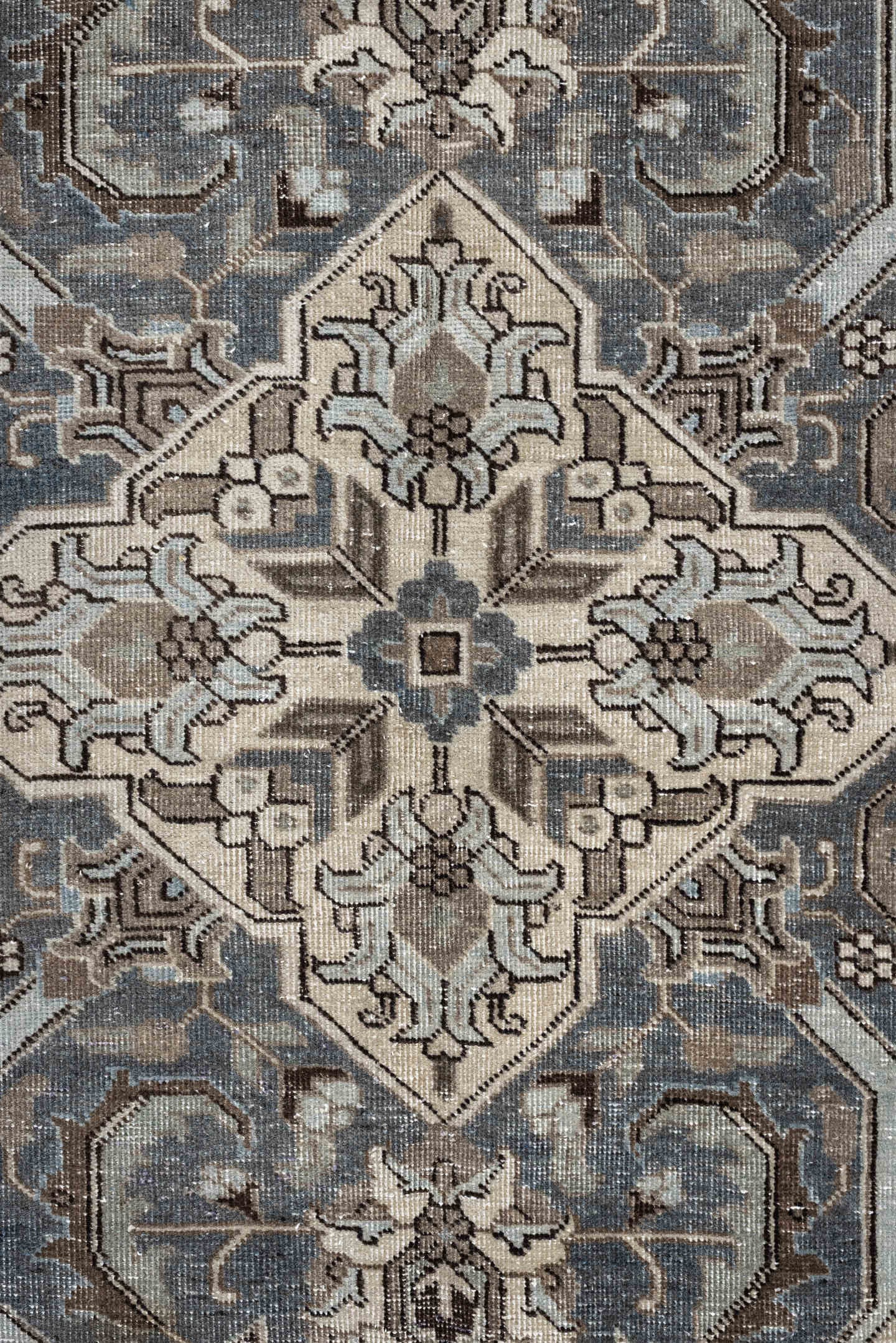 9' x 12' one-of-a-kind handmade antique Tabriz large size rug. Color palette: ivory, charcoal, sky blue, taupe, slate, brown