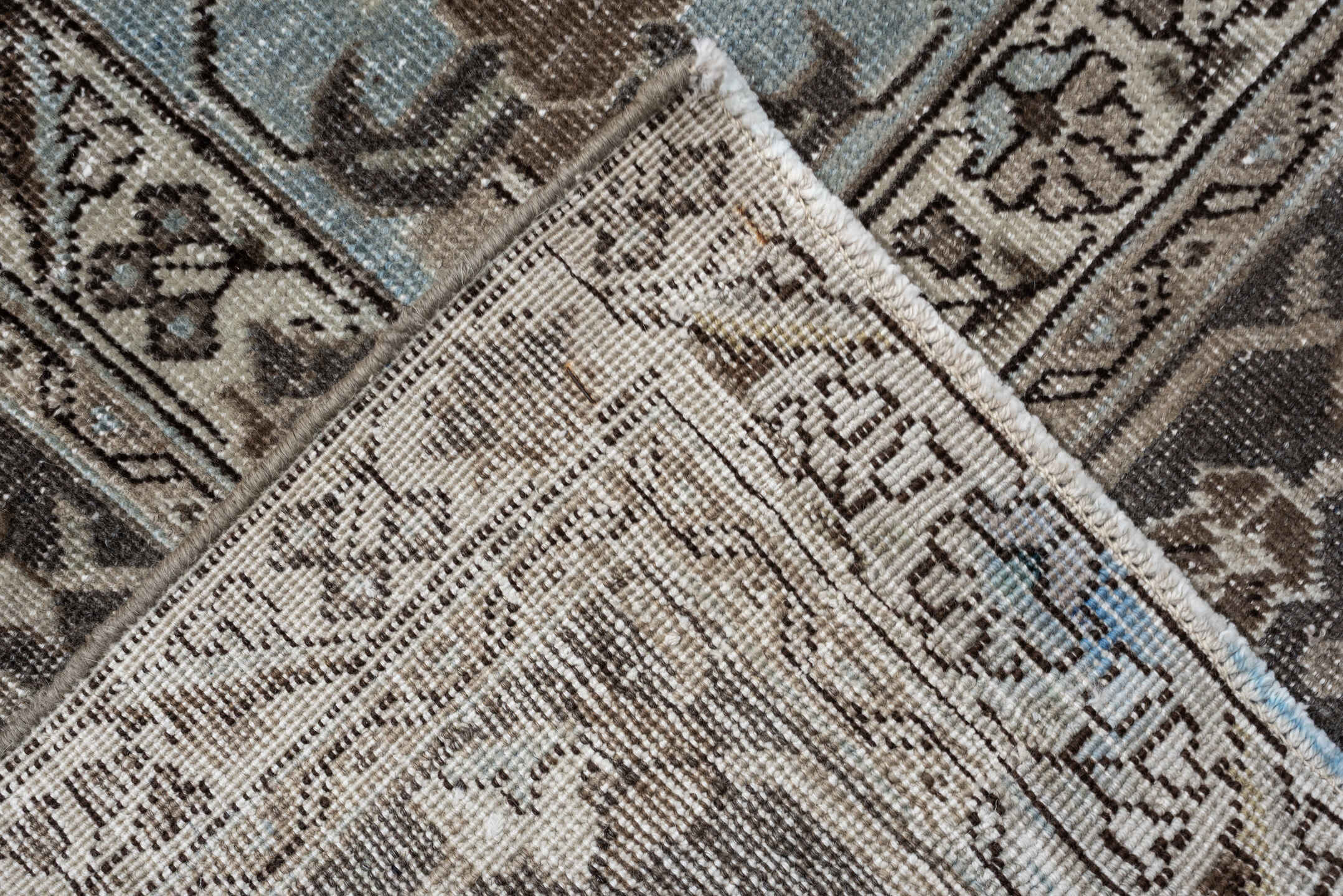 9' x 12' one-of-a-kind handmade antique Tabriz large size rug. Color palette: ivory, charcoal, sky blue, taupe, slate, brown