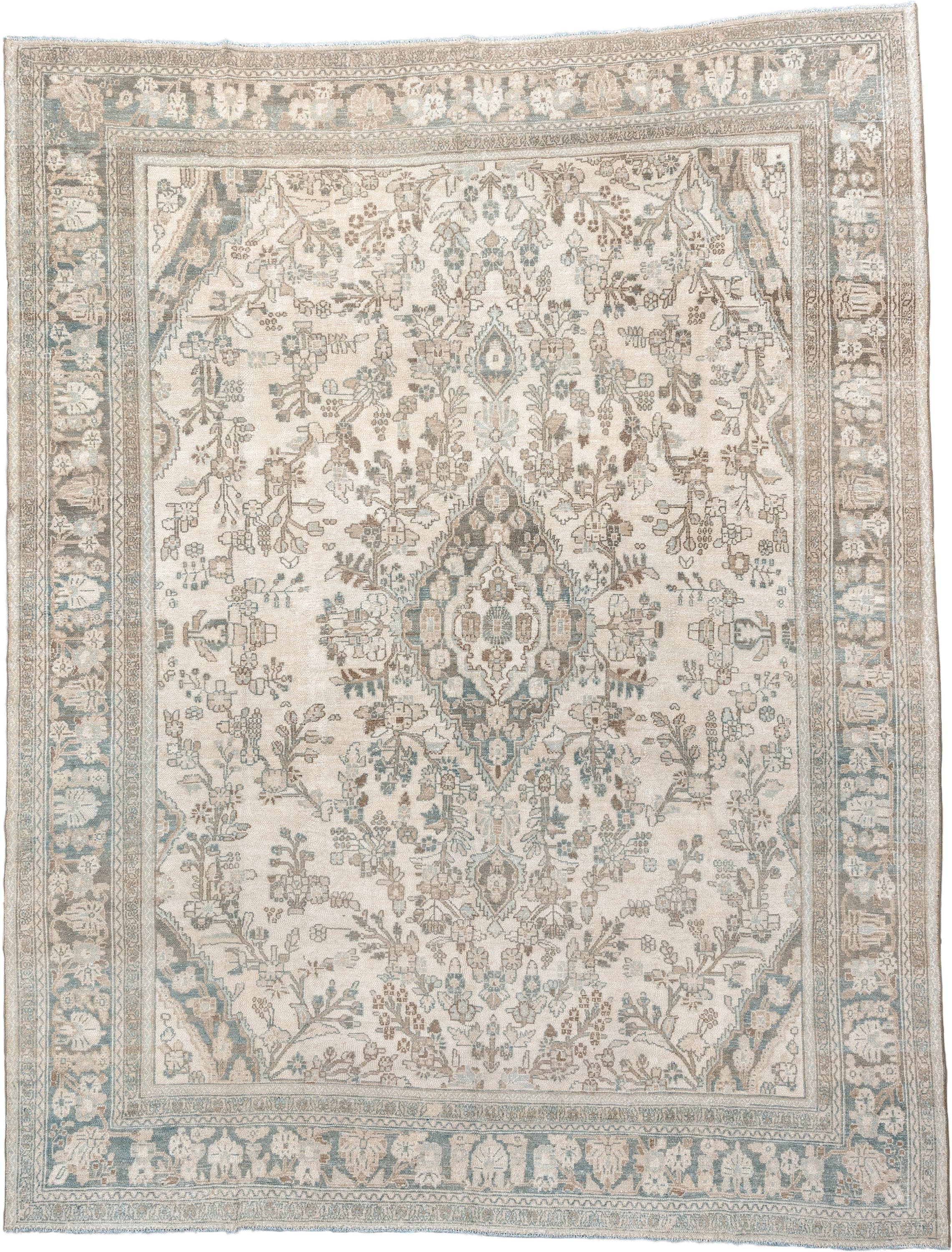 10' x 13' one-of-a-kind handmade antique Bibikabad large size rug. Color palette: ivory, sky blue, taupe, beige, sand