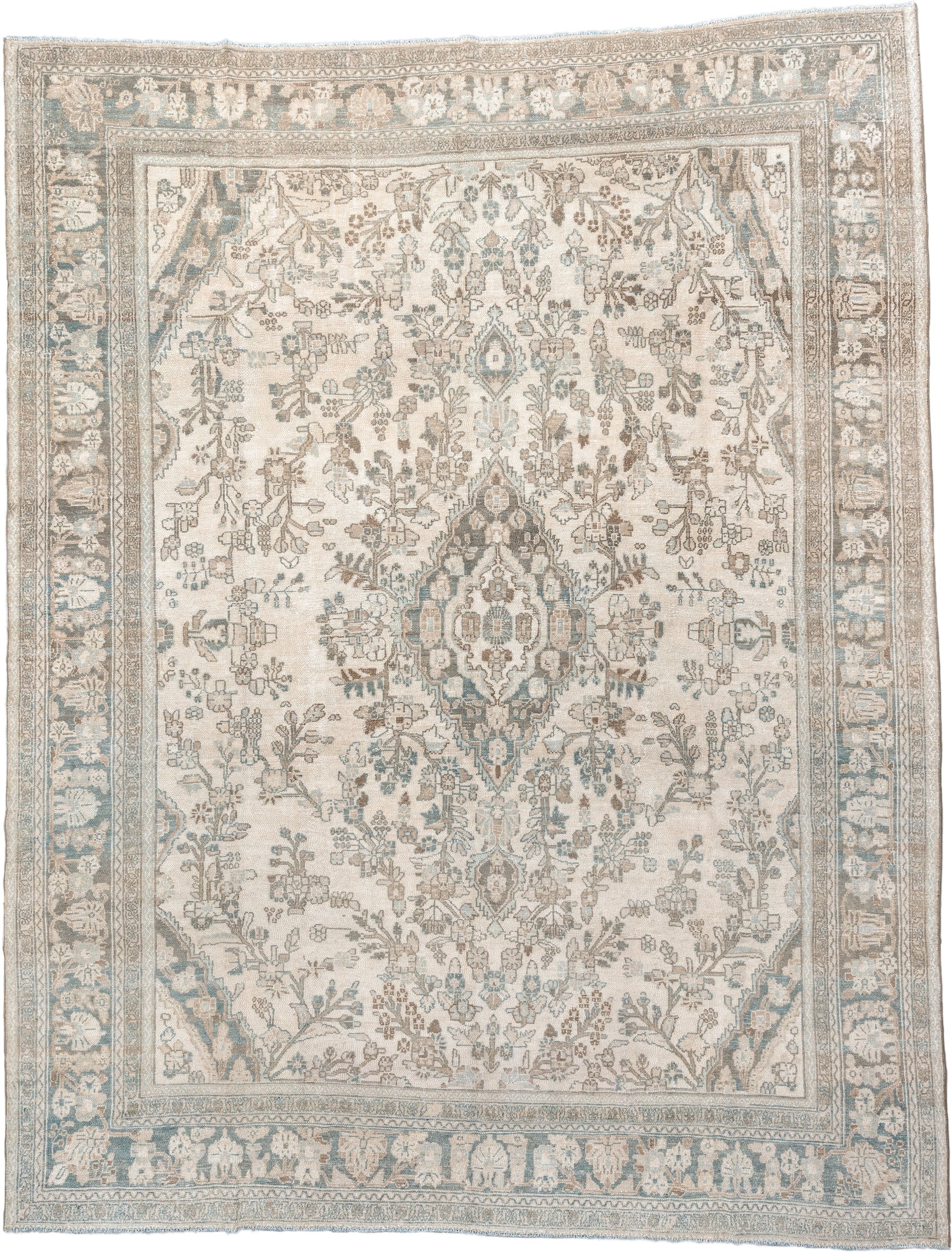 10' x 13' one-of-a-kind handmade antique Bibikabad large size rug. Color palette: ivory, sky blue, taupe, beige, sand