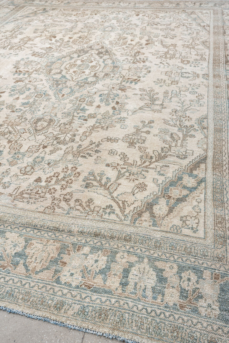 10' x 13' one-of-a-kind handmade antique Bibikabad large size rug. Color palette: ivory, sky blue, taupe, beige, sand