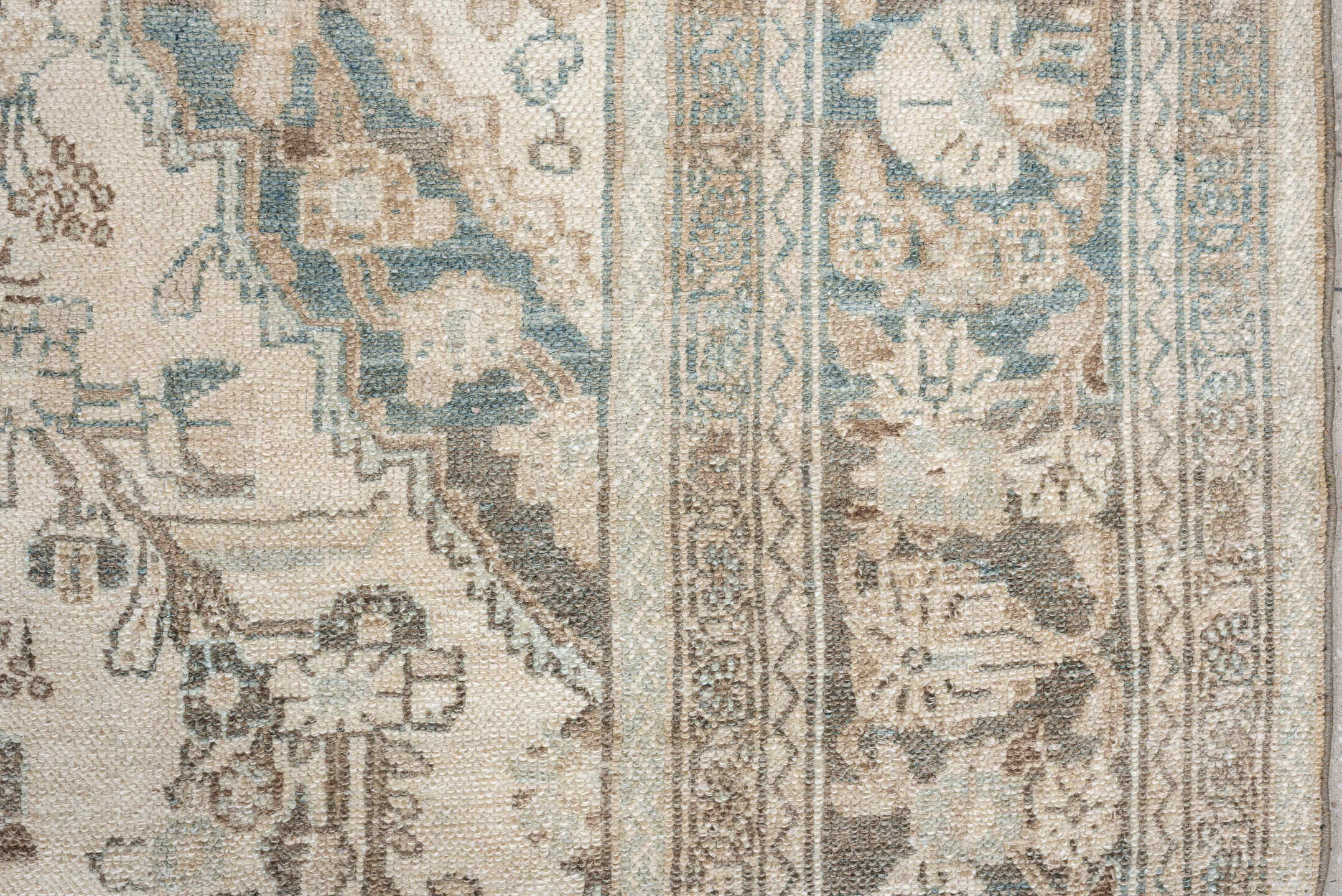 10' x 13' one-of-a-kind handmade antique Bibikabad large size rug. Color palette: ivory, sky blue, taupe, beige, sand