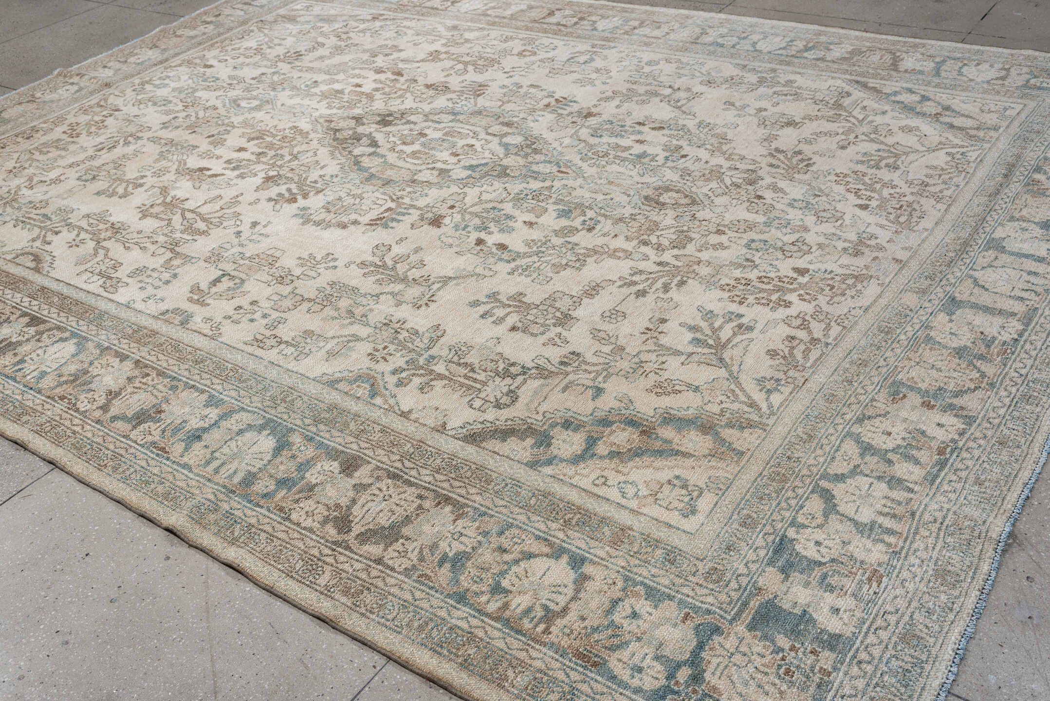 10' x 13' one-of-a-kind handmade antique Bibikabad large size rug. Color palette: ivory, sky blue, taupe, beige, sand
