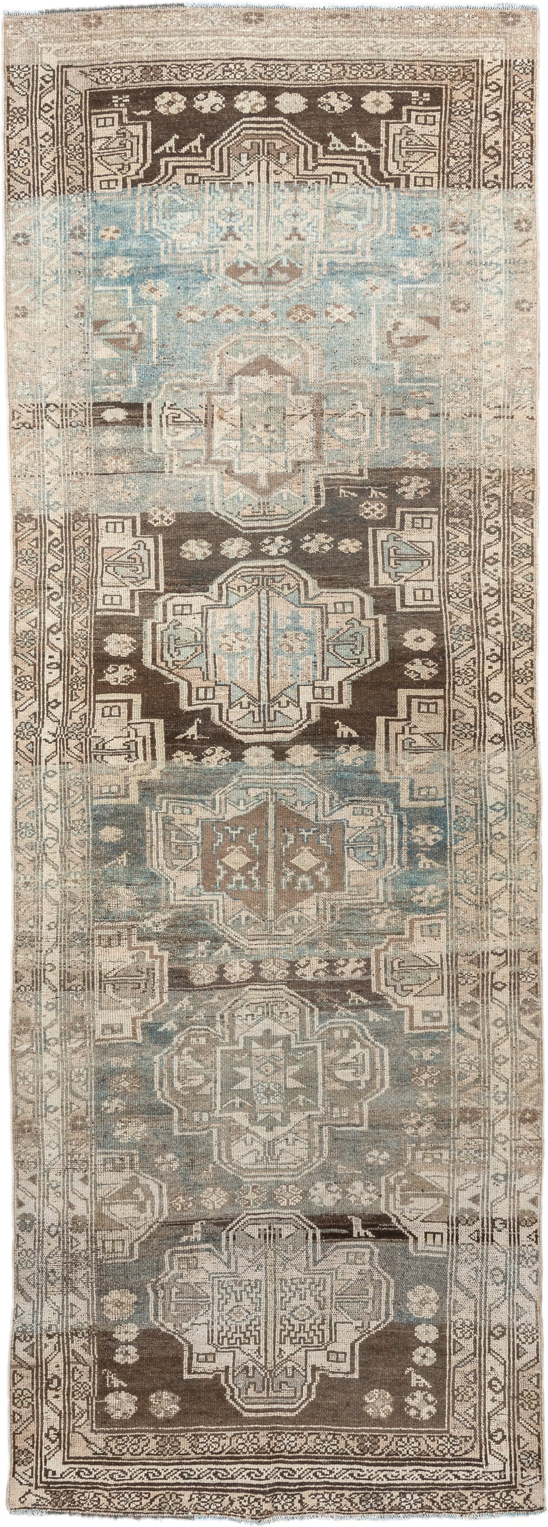 3' x 9' one-of-a-kind handmade antique Malayer runner rug. Color palette: sky blue, taupe, brown, ivory, beige, charcoal