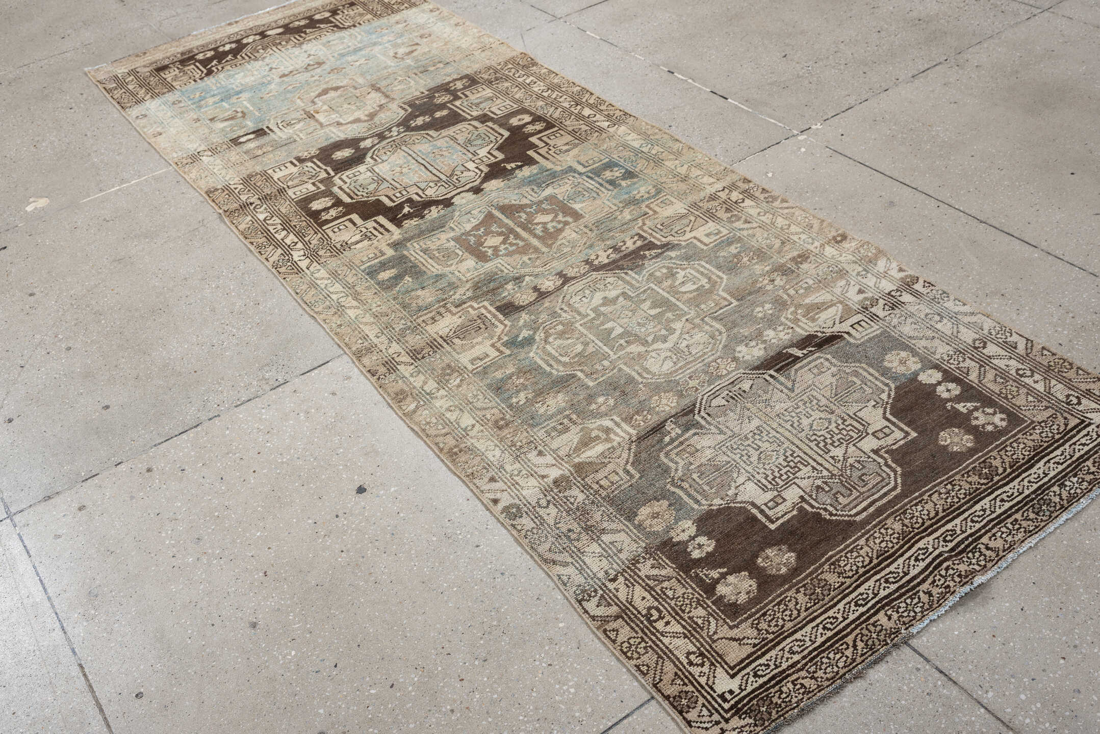 3' x 9' one-of-a-kind handmade antique Malayer runner rug. Color palette: sky blue, taupe, brown, ivory, beige, charcoal