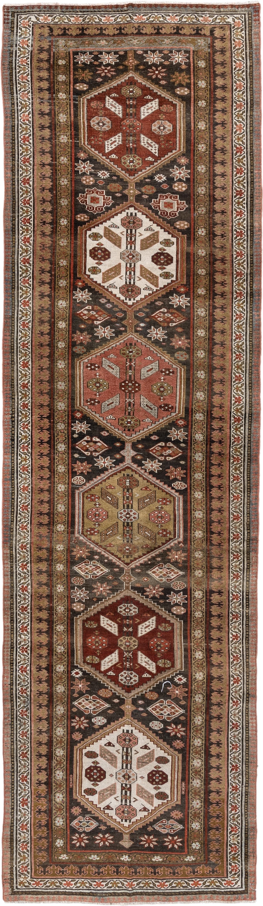 3' x 12' one-of-a-kind handmade antique Kurd runner rug. Color palette: brown, ivory, rust, camel, taupe, burgundy, olive