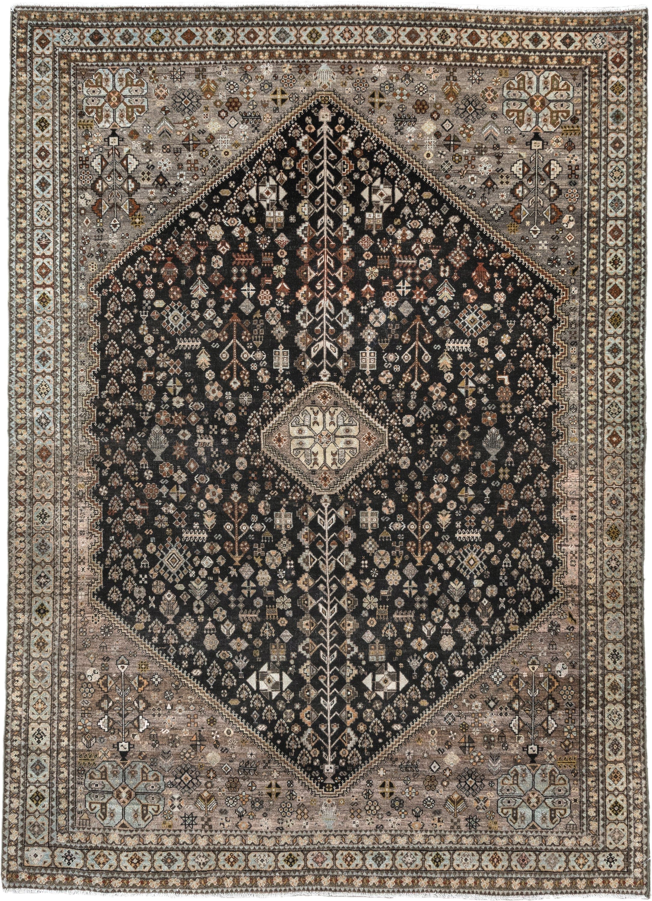 5' x 6' one-of-a-kind handmade antique Afshar rug. Color palette: charcoal, ivory, taupe, rust, pale blue, brown, camel