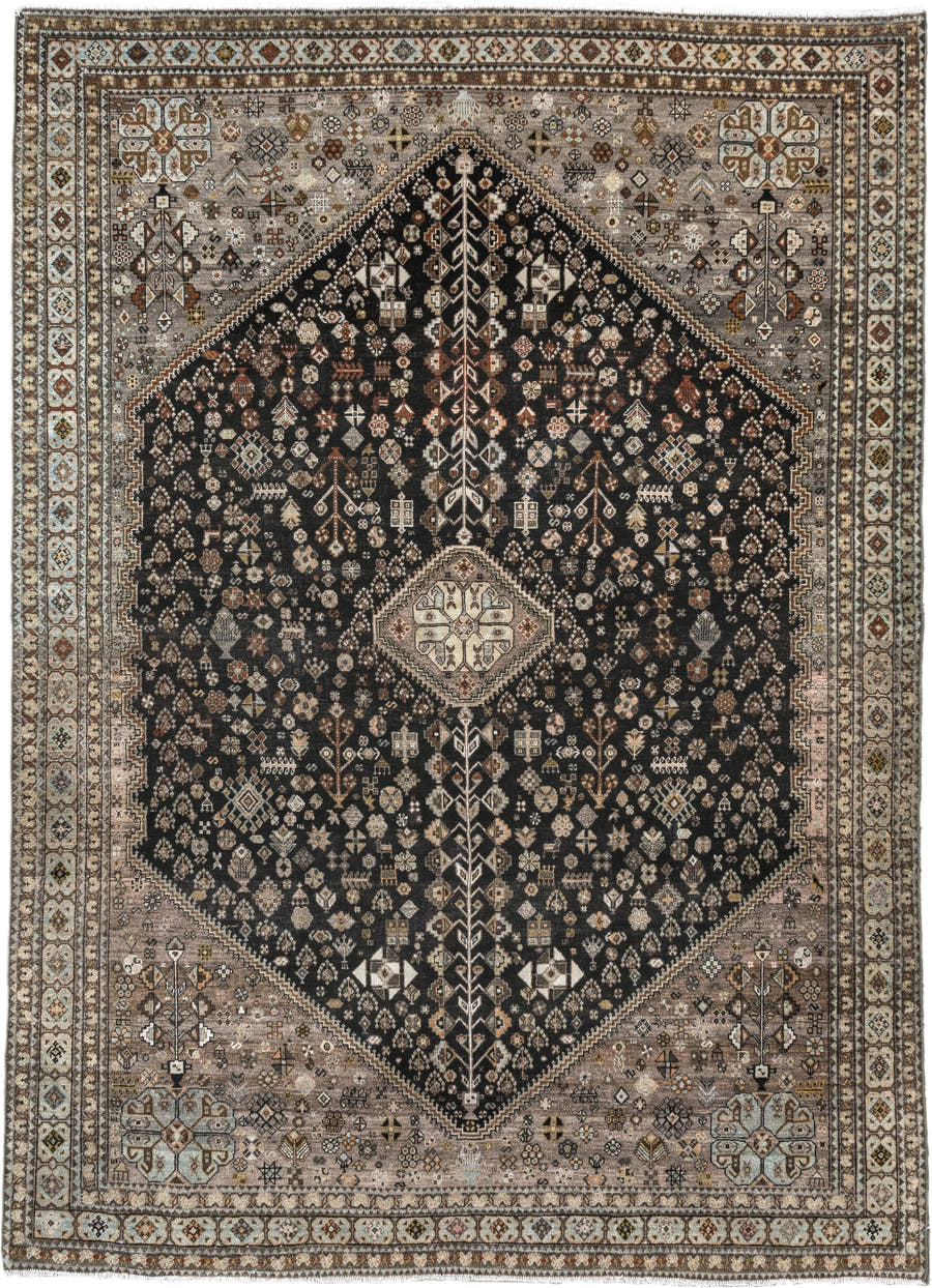 5' x 6' one-of-a-kind handmade antique Afshar rug. Color palette: charcoal, ivory, taupe, rust, pale blue, brown, camel