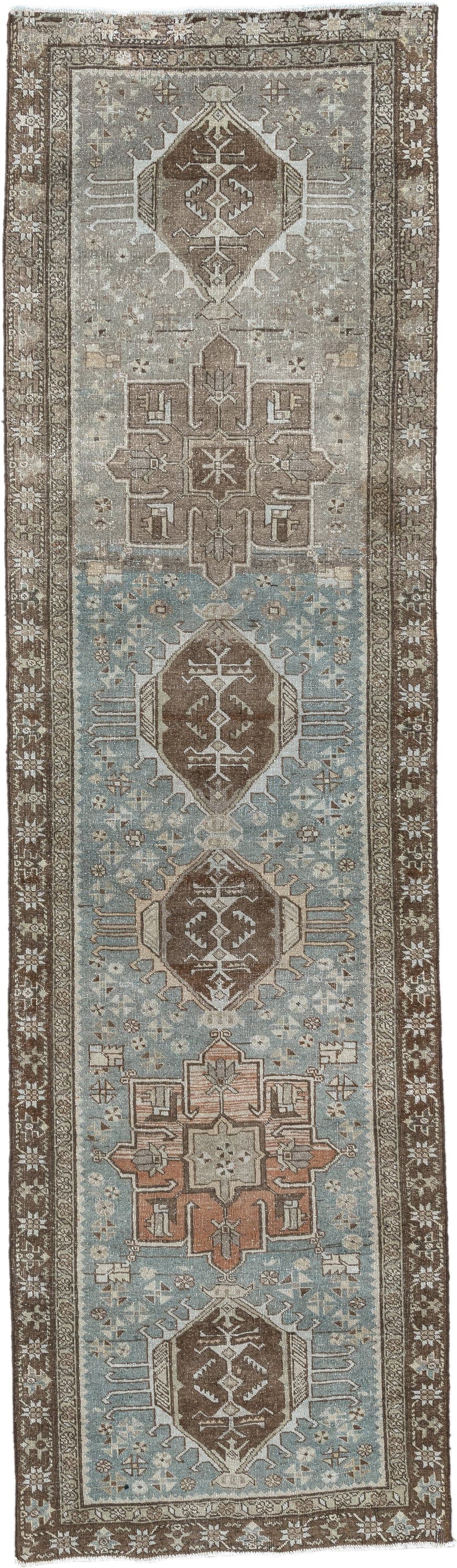 2' x 9' one-of-a-kind handmade antique Tabriz runner rug. Color palette: sky blue, taupe, brown, ivory, beige, camel
