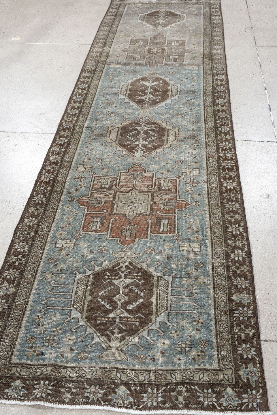 2' x 9' one-of-a-kind handmade antique Tabriz runner rug. Color palette: sky blue, taupe, brown, ivory, beige, camel