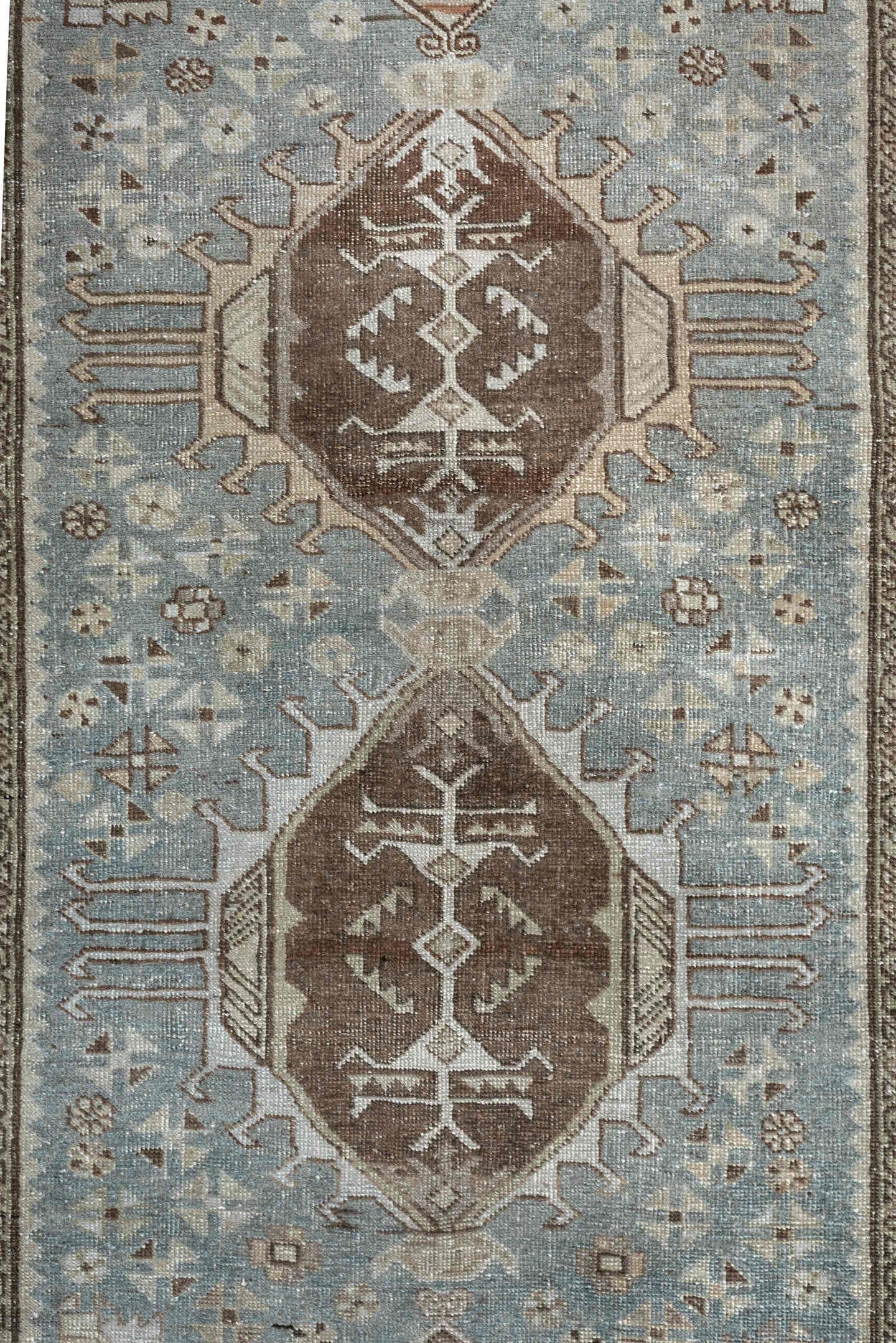 2' x 9' one-of-a-kind handmade antique Tabriz runner rug. Color palette: sky blue, taupe, brown, ivory, beige, camel