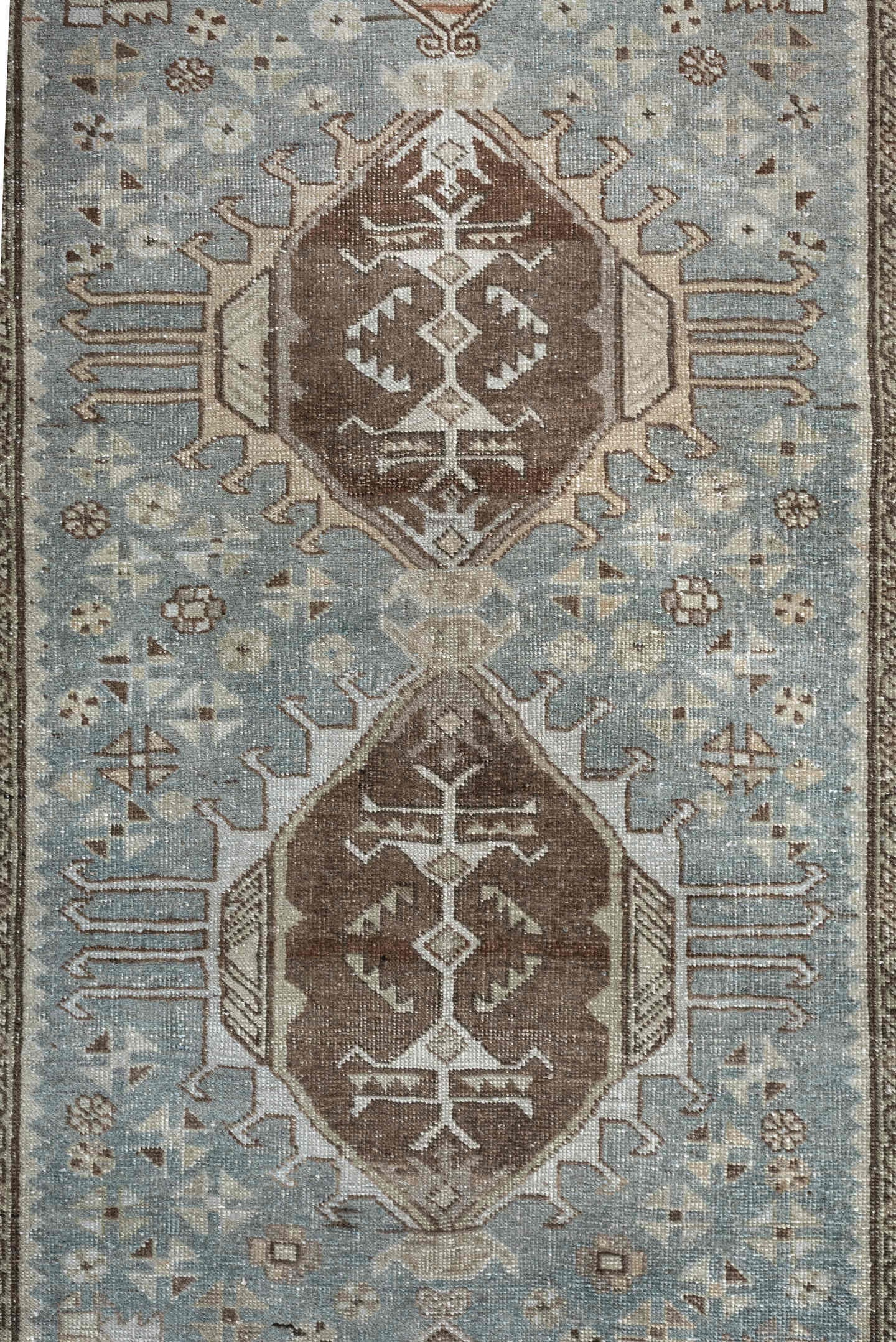 2' x 9' one-of-a-kind handmade antique Tabriz runner rug. Color palette: sky blue, taupe, brown, ivory, beige, camel