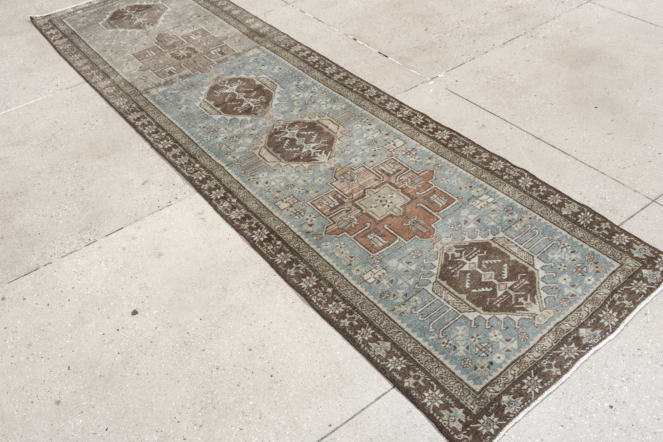 2' x 9' one-of-a-kind handmade antique Tabriz runner rug. Color palette: sky blue, taupe, brown, ivory, beige, camel