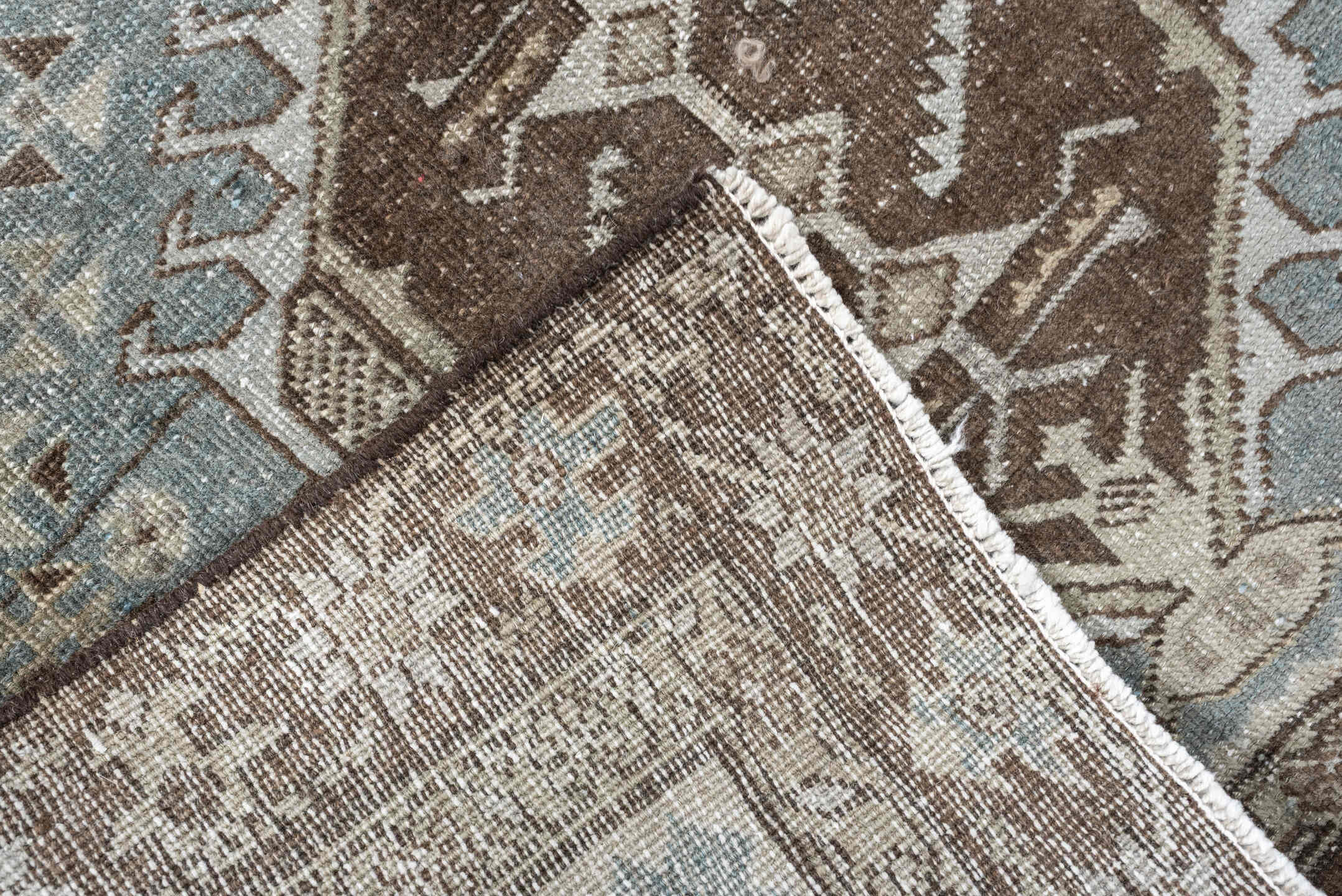 2' x 9' one-of-a-kind handmade antique Tabriz runner rug. Color palette: sky blue, taupe, brown, ivory, beige, camel