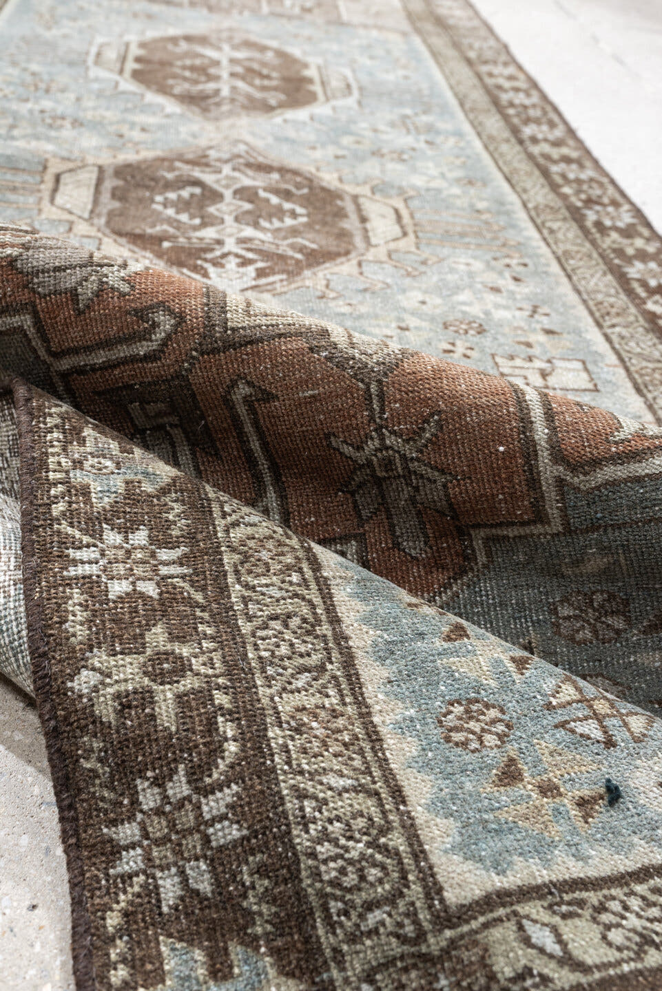 2' x 9' one-of-a-kind handmade antique Tabriz runner rug. Color palette: sky blue, taupe, brown, ivory, beige, camel
