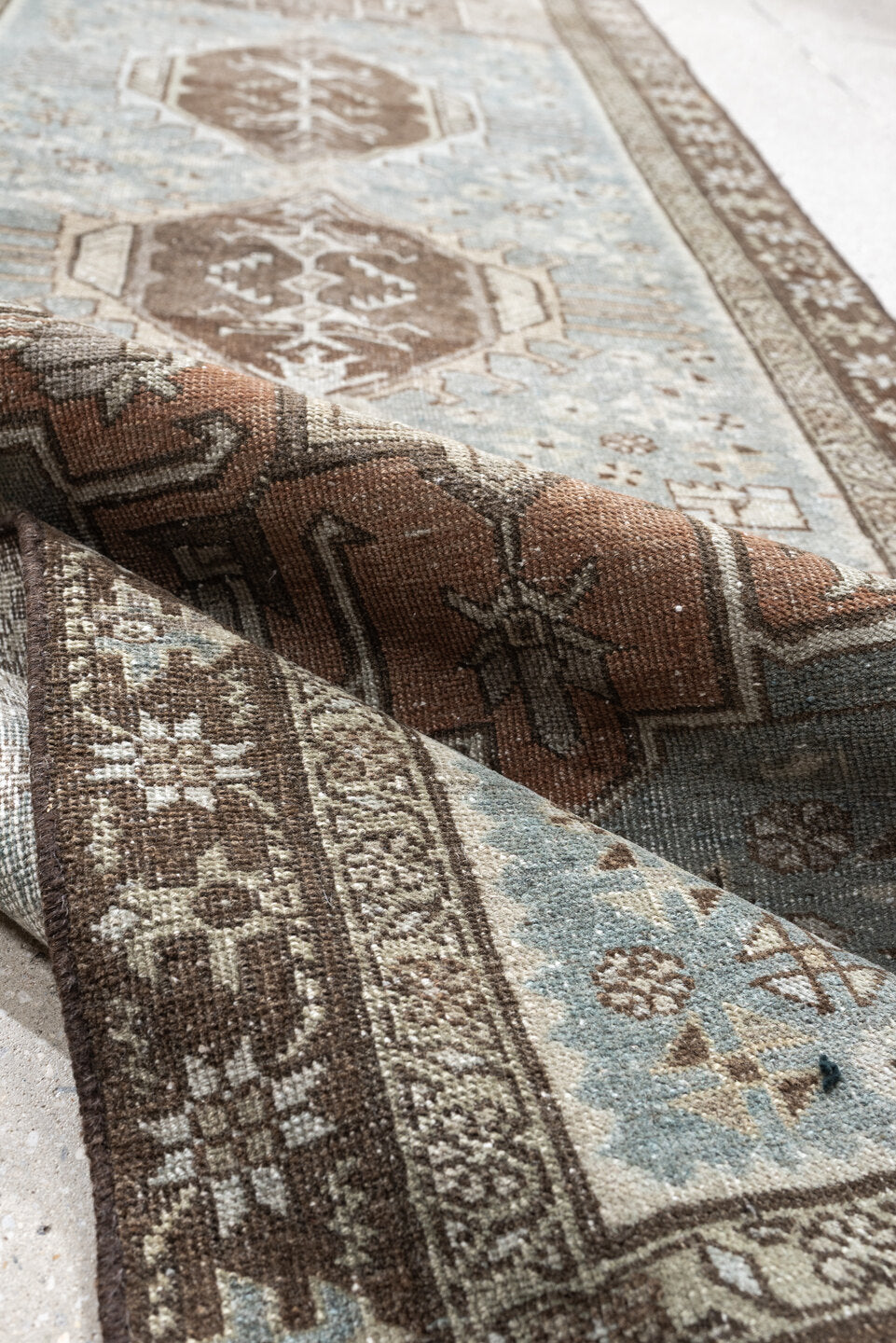 2' x 9' one-of-a-kind handmade antique Tabriz runner rug. Color palette: sky blue, taupe, brown, ivory, beige, camel