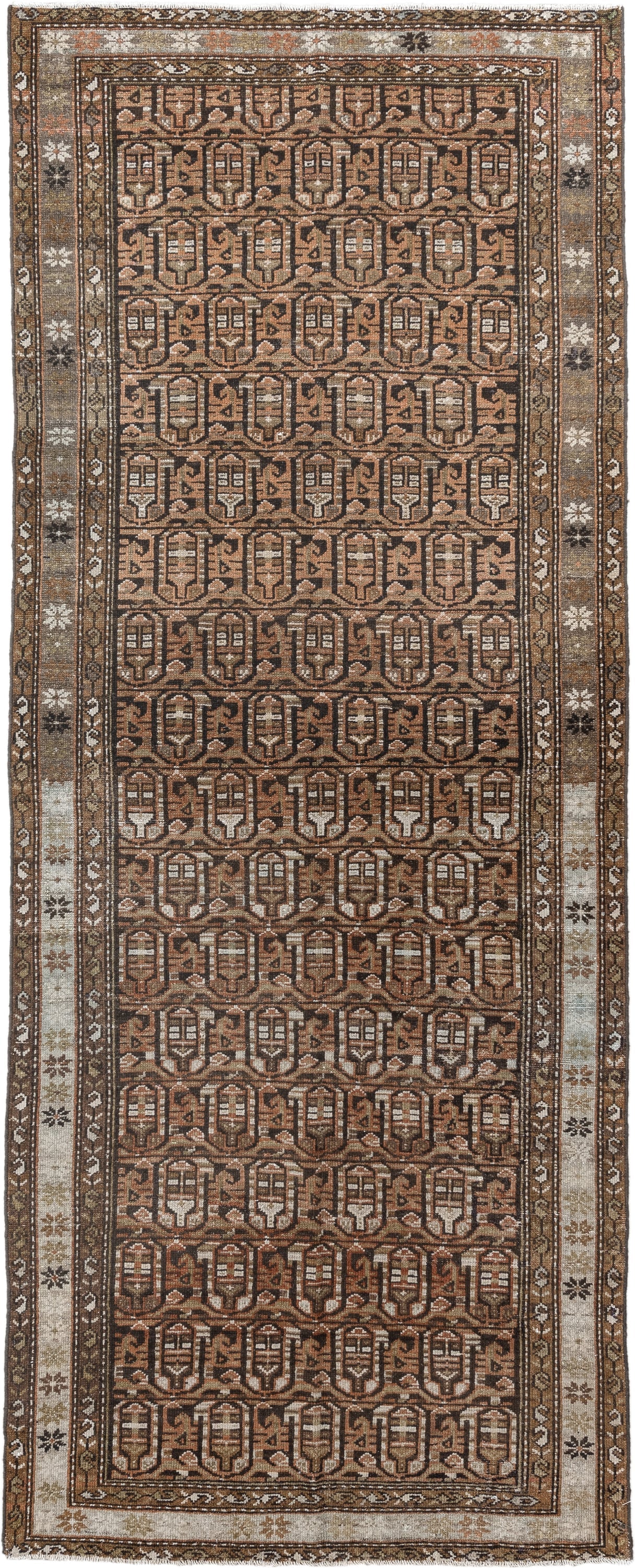 3' x 9' one-of-a-kind handmade antique Malayer runner rug. Color palette: brown, camel, ivory, taupe, rust, charcoal, beige