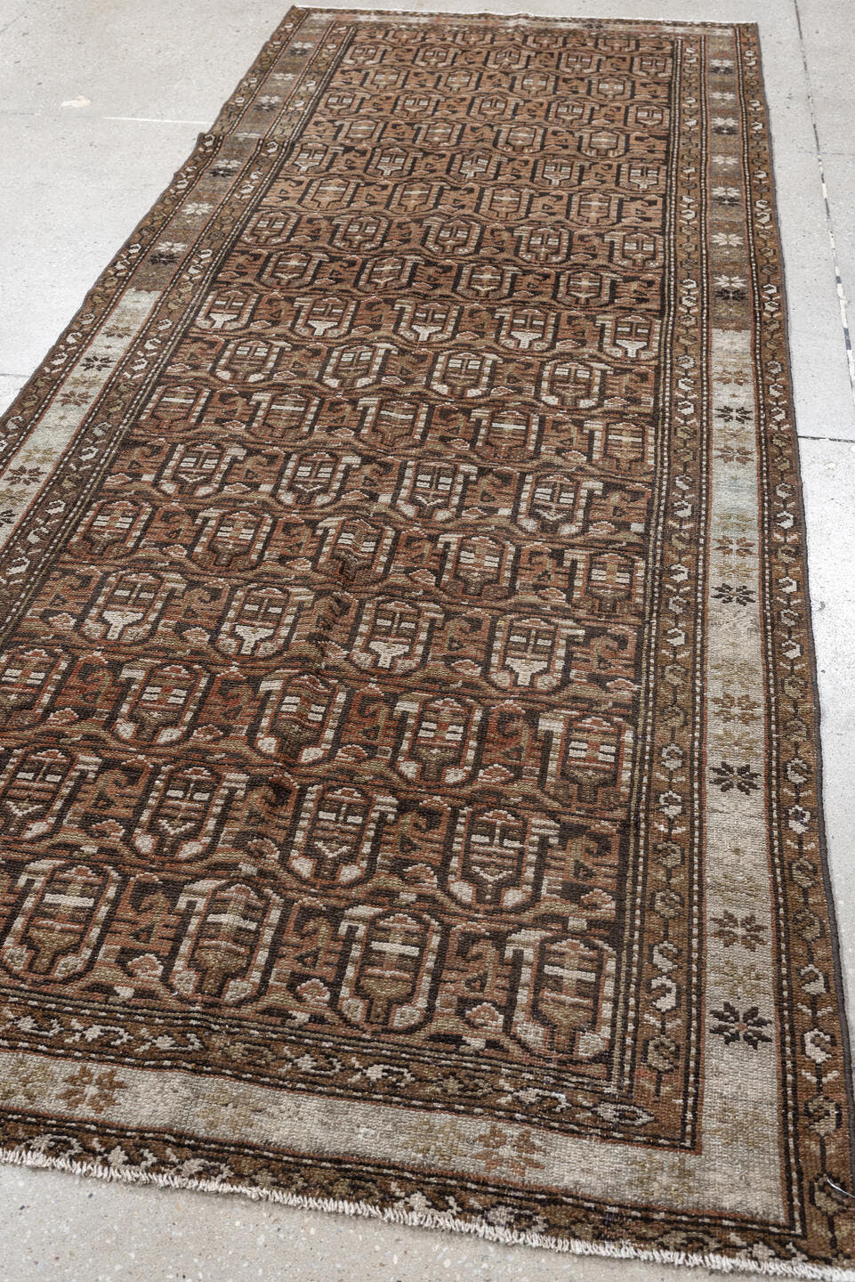 3' x 9' one-of-a-kind handmade antique Malayer runner rug. Color palette: brown, camel, ivory, taupe, rust, charcoal, beige