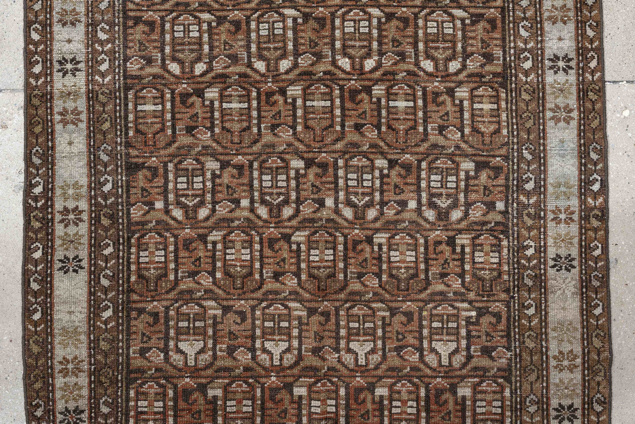 3' x 9' one-of-a-kind handmade antique Malayer runner rug. Color palette: brown, camel, ivory, taupe, rust, charcoal, beige