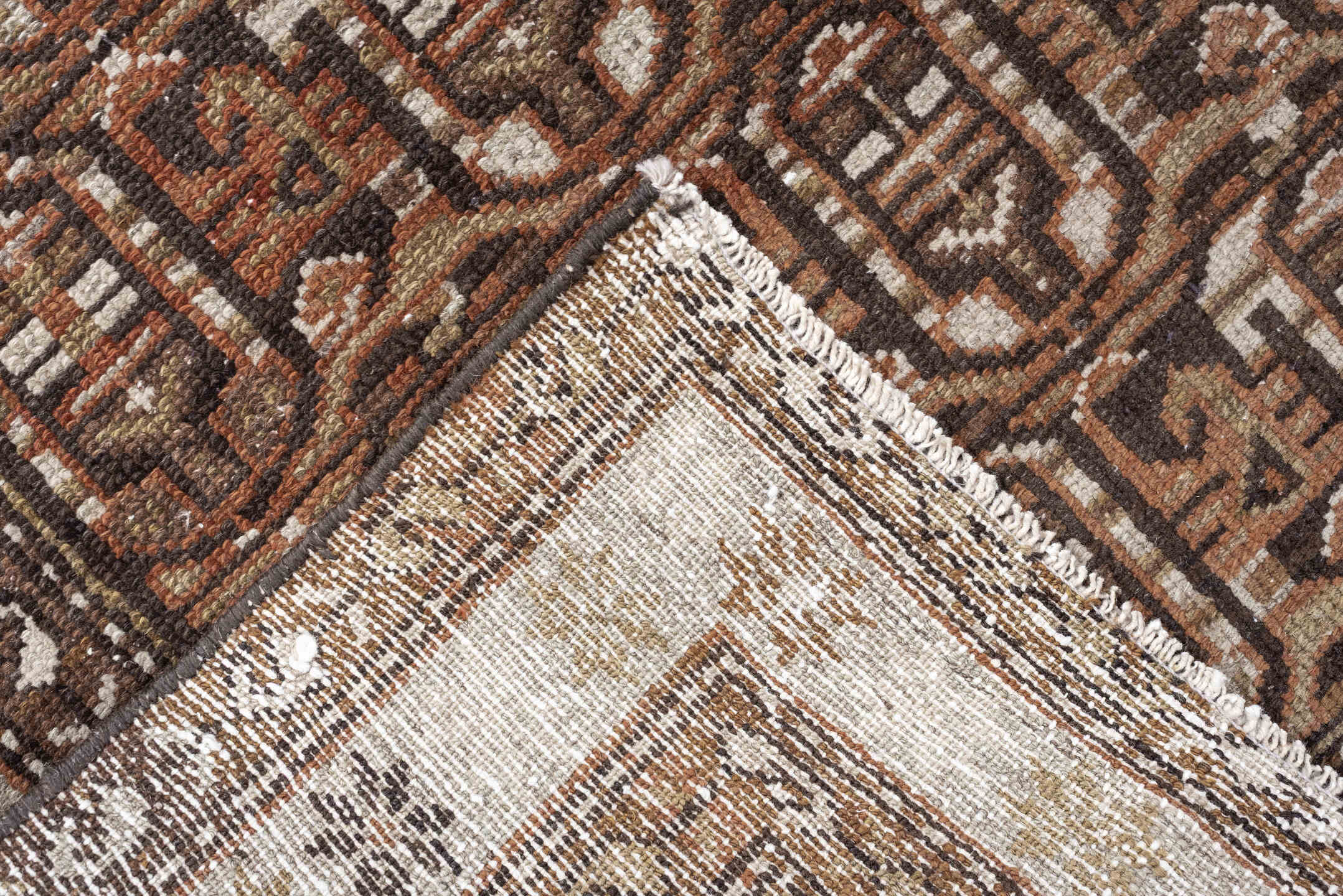 3' x 9' one-of-a-kind handmade antique Malayer runner rug. Color palette: brown, camel, ivory, taupe, rust, charcoal, beige