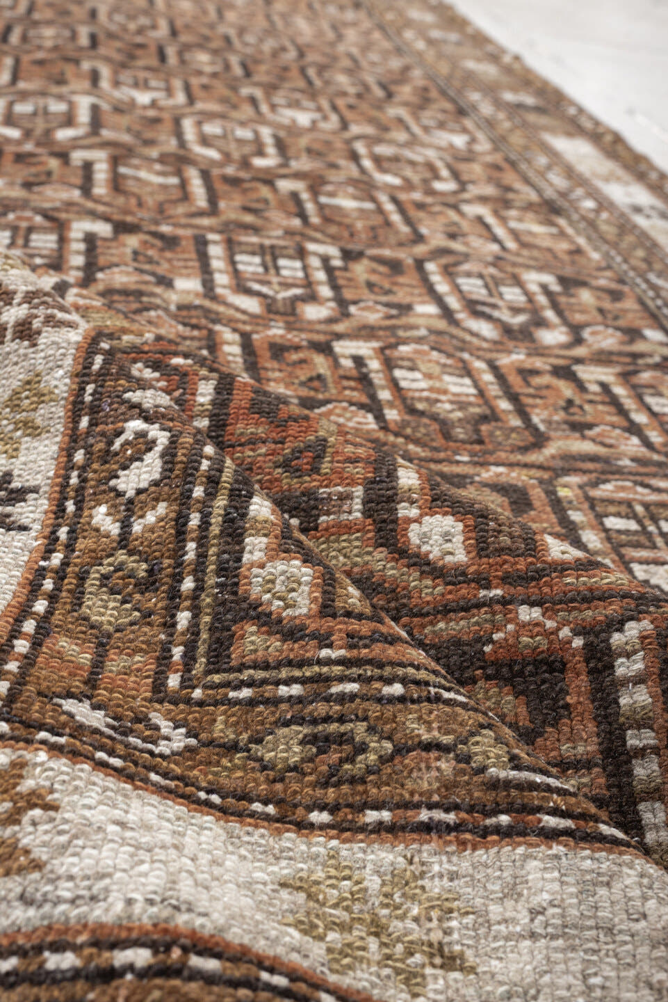 3' x 9' one-of-a-kind handmade antique Malayer runner rug. Color palette: brown, camel, ivory, taupe, rust, charcoal, beige