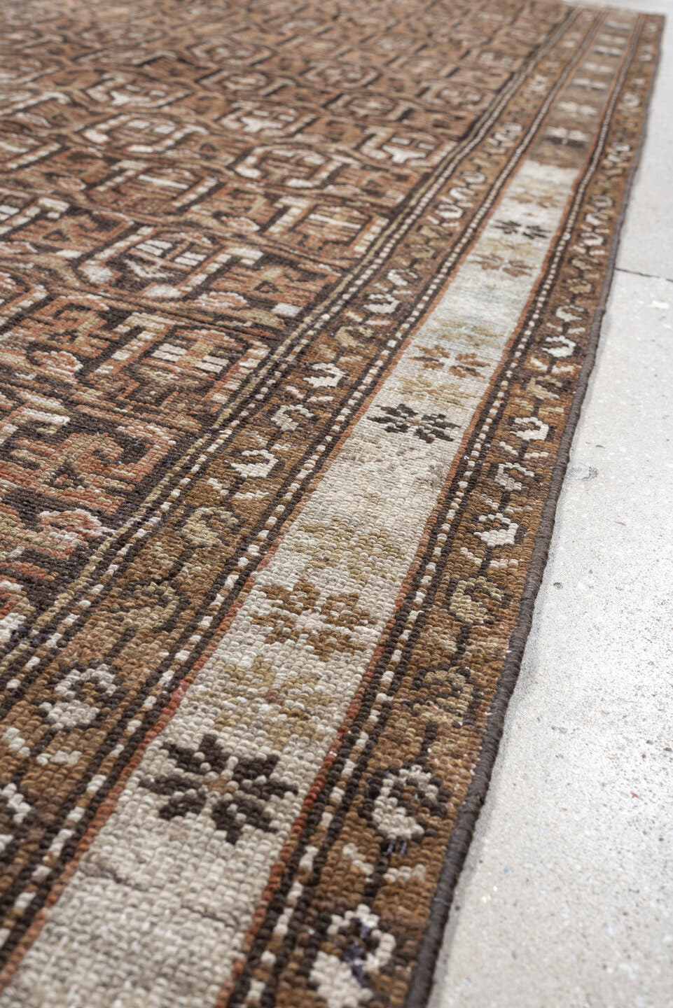 3' x 9' one-of-a-kind handmade antique Malayer runner rug. Color palette: brown, camel, ivory, taupe, rust, charcoal, beige