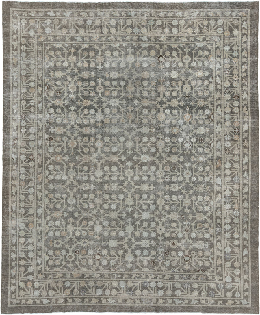 12' x 14' one-of-a-kind handmade vintage Khotan oversize rug. Color palette: taupe, ivory, beige, brown, camel, slate, gray