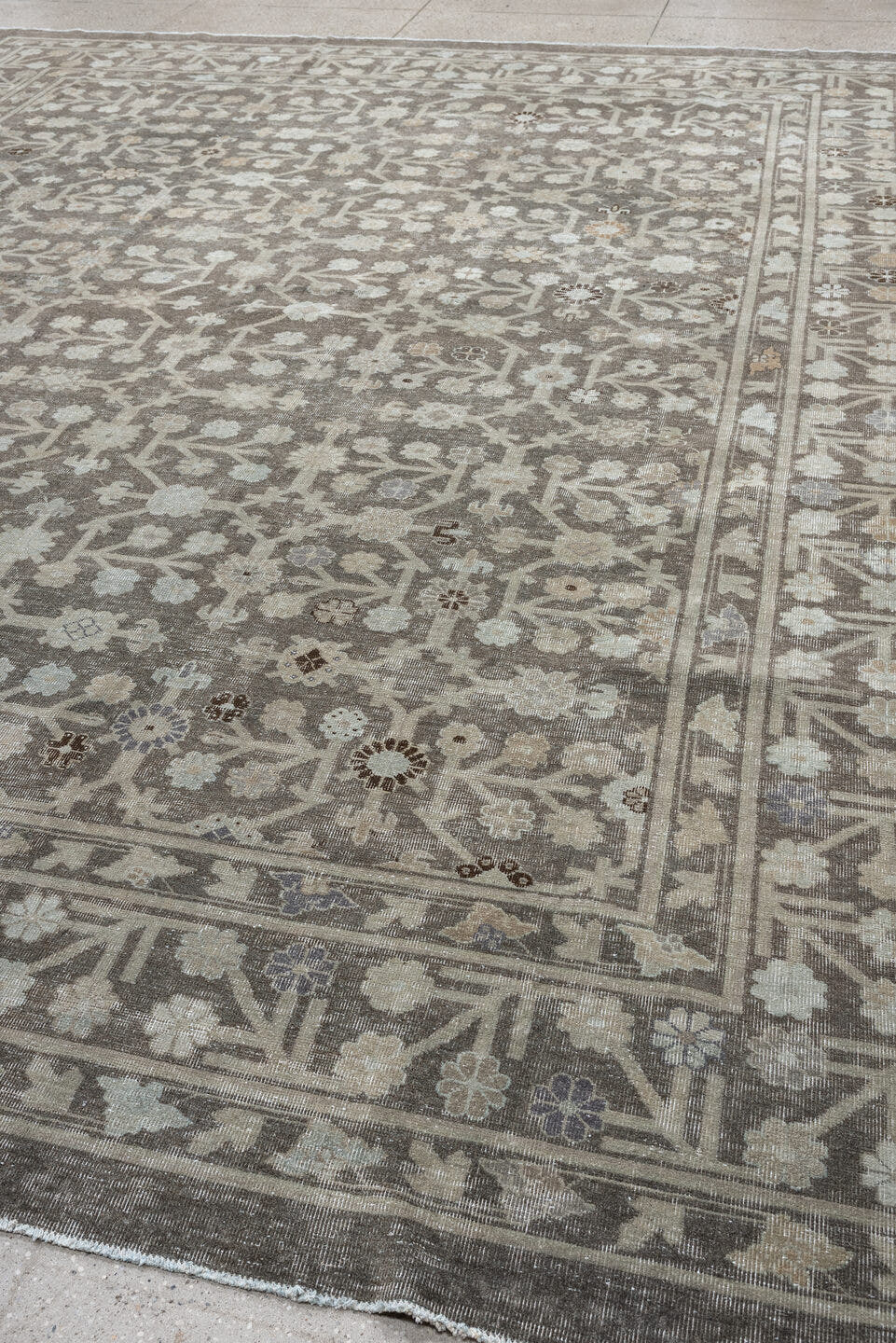 12' x 14' one-of-a-kind handmade vintage Khotan oversize rug. Color palette: taupe, ivory, beige, brown, camel, slate, gray